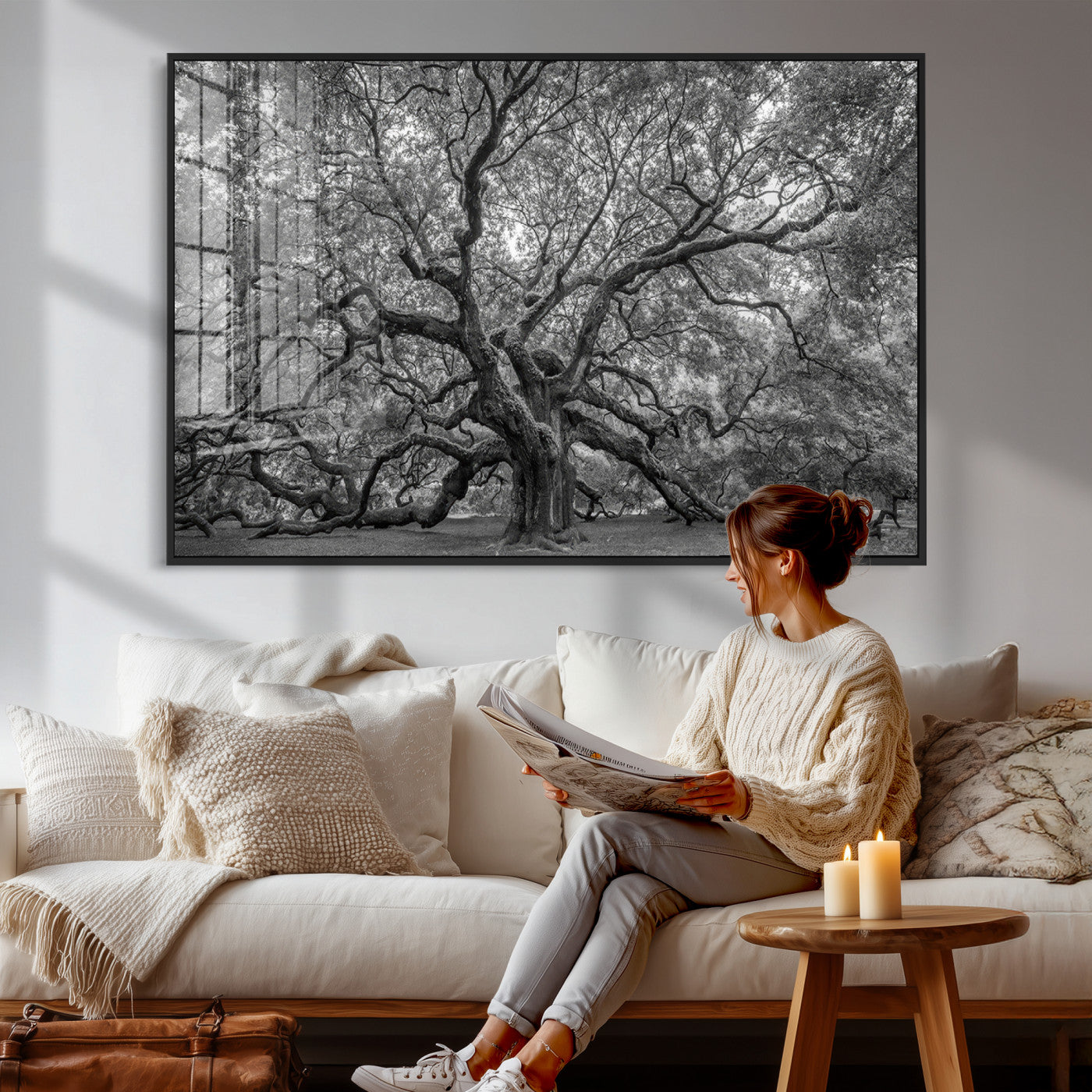 97240-MGV-CV-36X24 - Large Angel Oak Tree Black and White Canvas Print