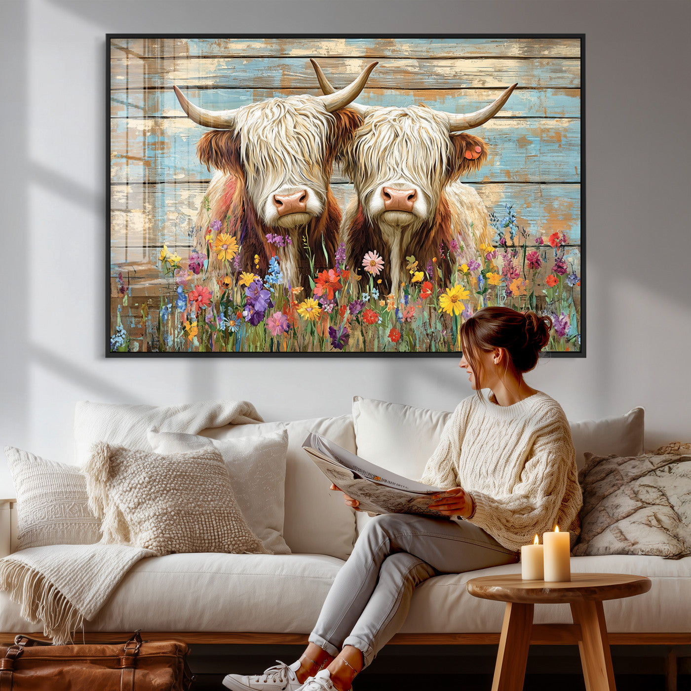 36972-MGV-CV-36X24 - Cute Highland Cow Canvas Wall Art - Rustic Farmhouse Decor with Colorful Flowers Perfect Wall Art