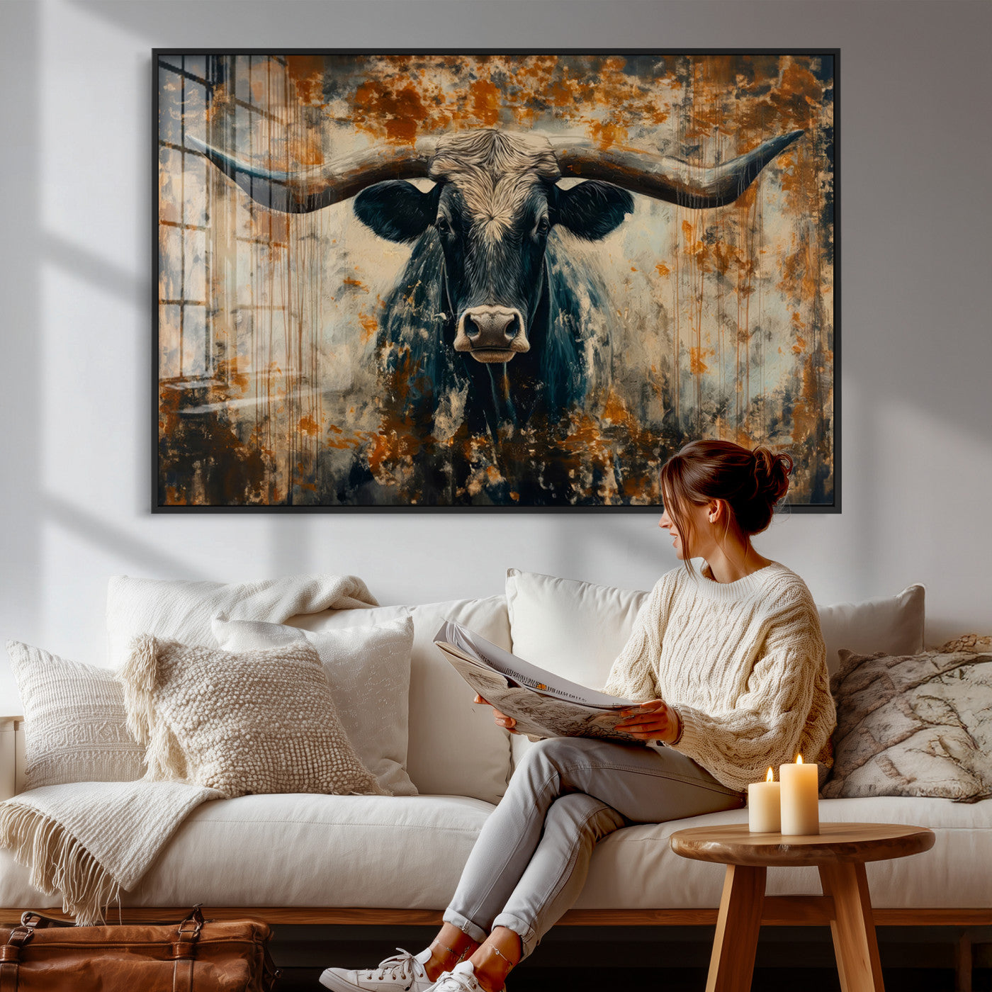85913-MGV-CV-36X24 - Abstract Longhorn Bull Wall Art | Rustic Western Wall Decor | Framed and Ready to Hang | Ideal for