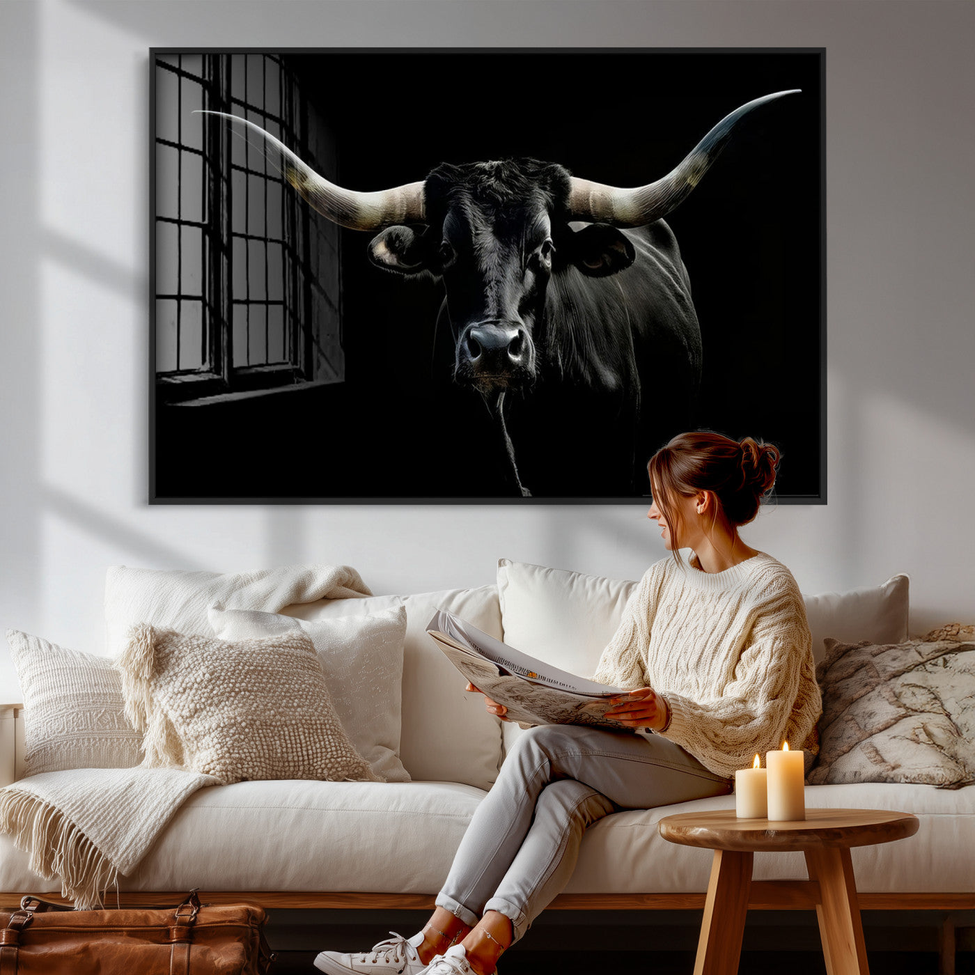 20679-MGV-CV-36X24 - Texas Black Longhorn Bull Wall Art Canvas Print - Western Texas Cattle Rustic Decor Print - Longhorn