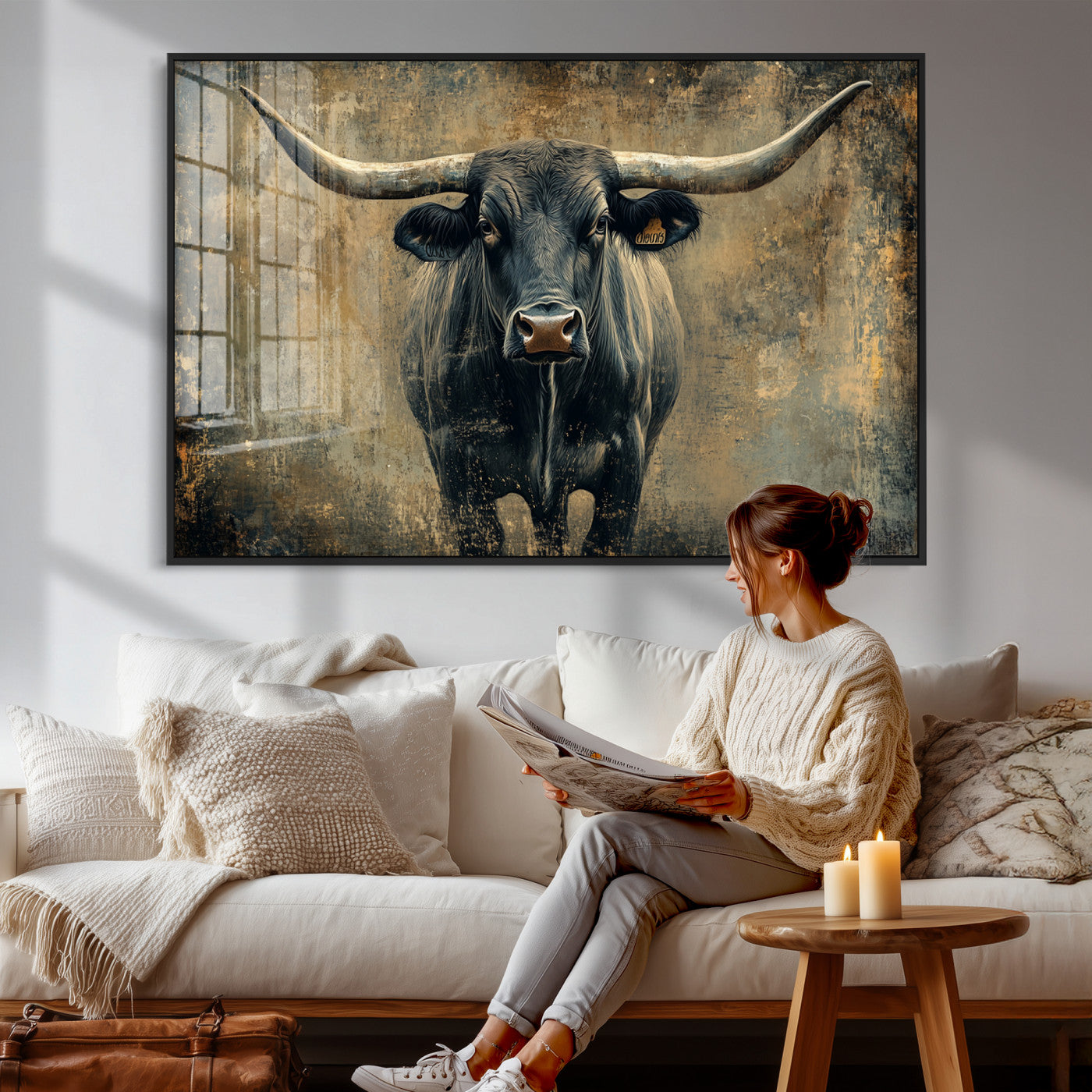 57385-MGV-CV-36X24 - Longhorn Bull Wall Art Canvas Print, Framed Rustic Cow Art Picture Print, Texas Longhorn Perfect Western Decor Artwork