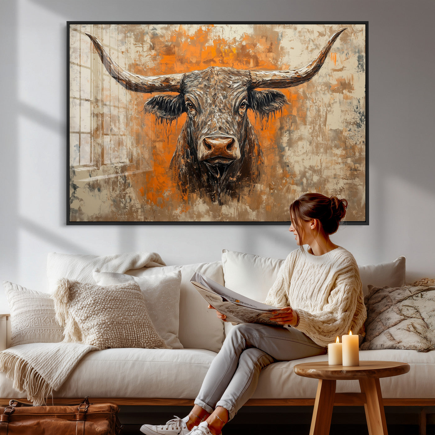 49976-MGV-CV-36X24 - Abstract Cow Longhorn Bull Wall Art Canvas Print - Rustic Texas Western Cattle Artwork