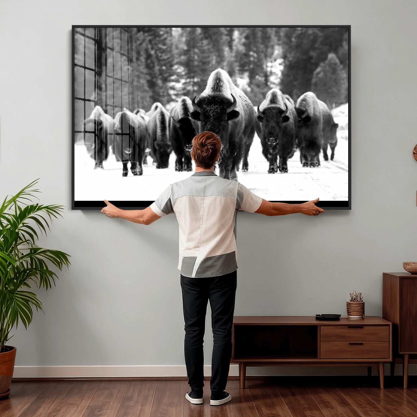 62434-MGV-CV-36X24 - Bison Herd in Snow Wall Art Canvas Print | Rustic Western Bison Wall Art for Decor for Living Room
