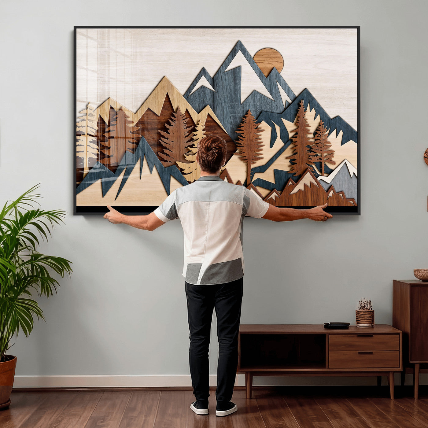 67950-MGV-CV-36X24 - Woodland Mountain Landscape Triptych, Giclee Canvas Art for Modern Home, Rustic Wooden Nature Wall