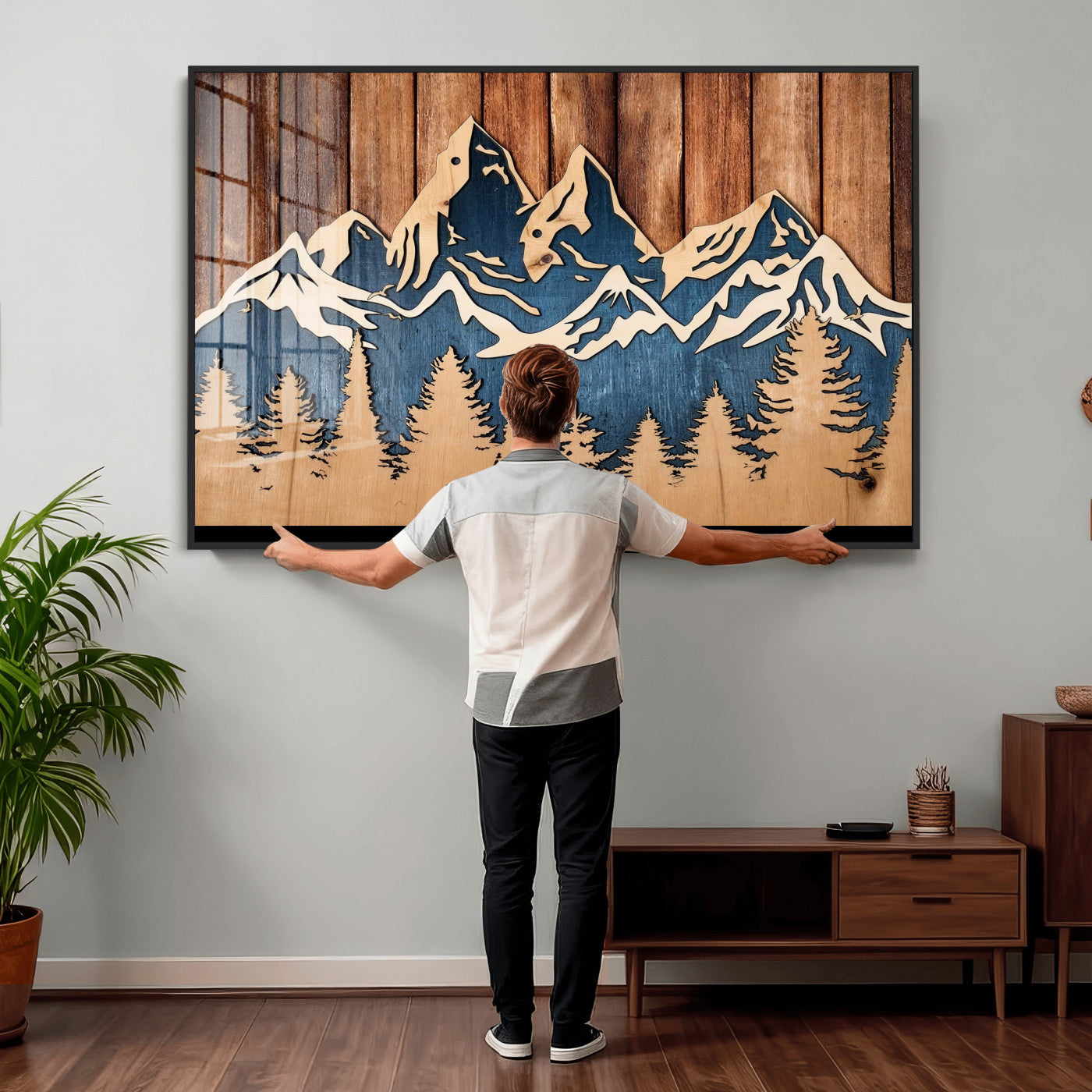 41330-MGV-CV-36X24 - Rustic Wood Style Mountain Wall Art, Nature Forest Canvas Print, Wooden Textured Mountain Artwork Print