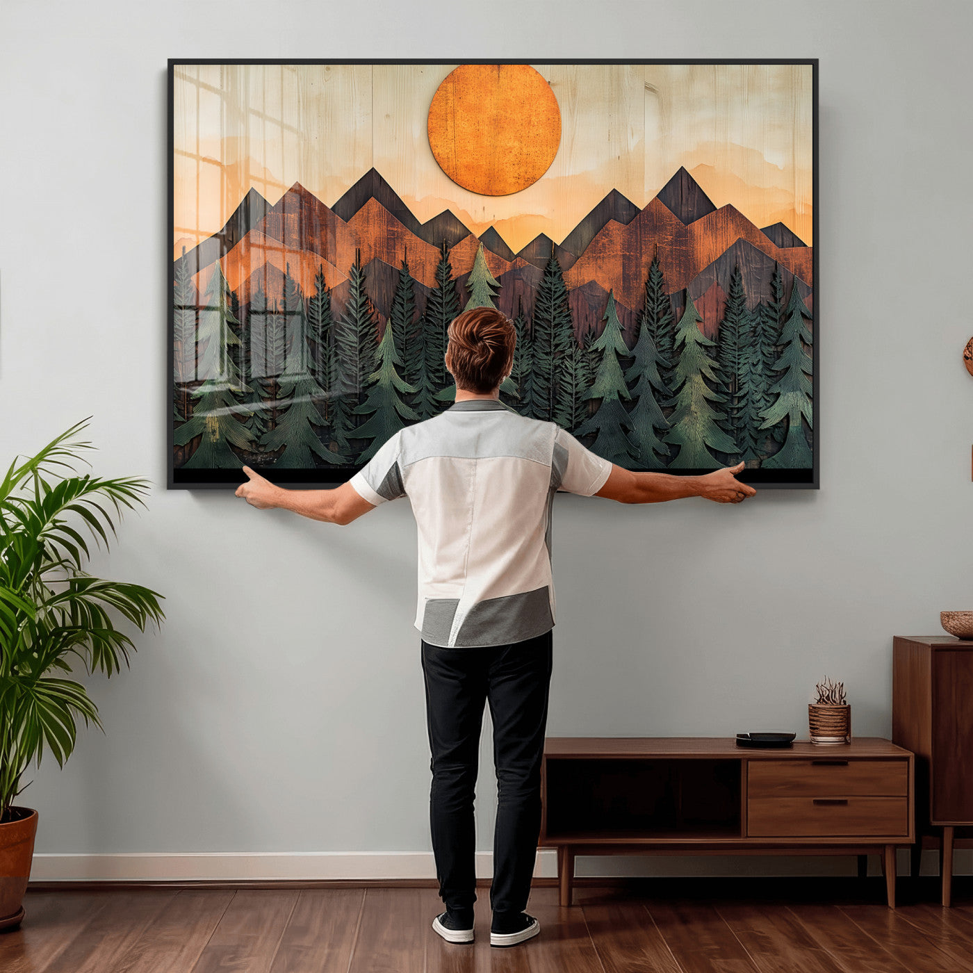 77739-MGV-CV-36X24 - Wood Style Sunset Mountain Landscape Canvas Wall Art Print - Nature Decor for Living Room, Office