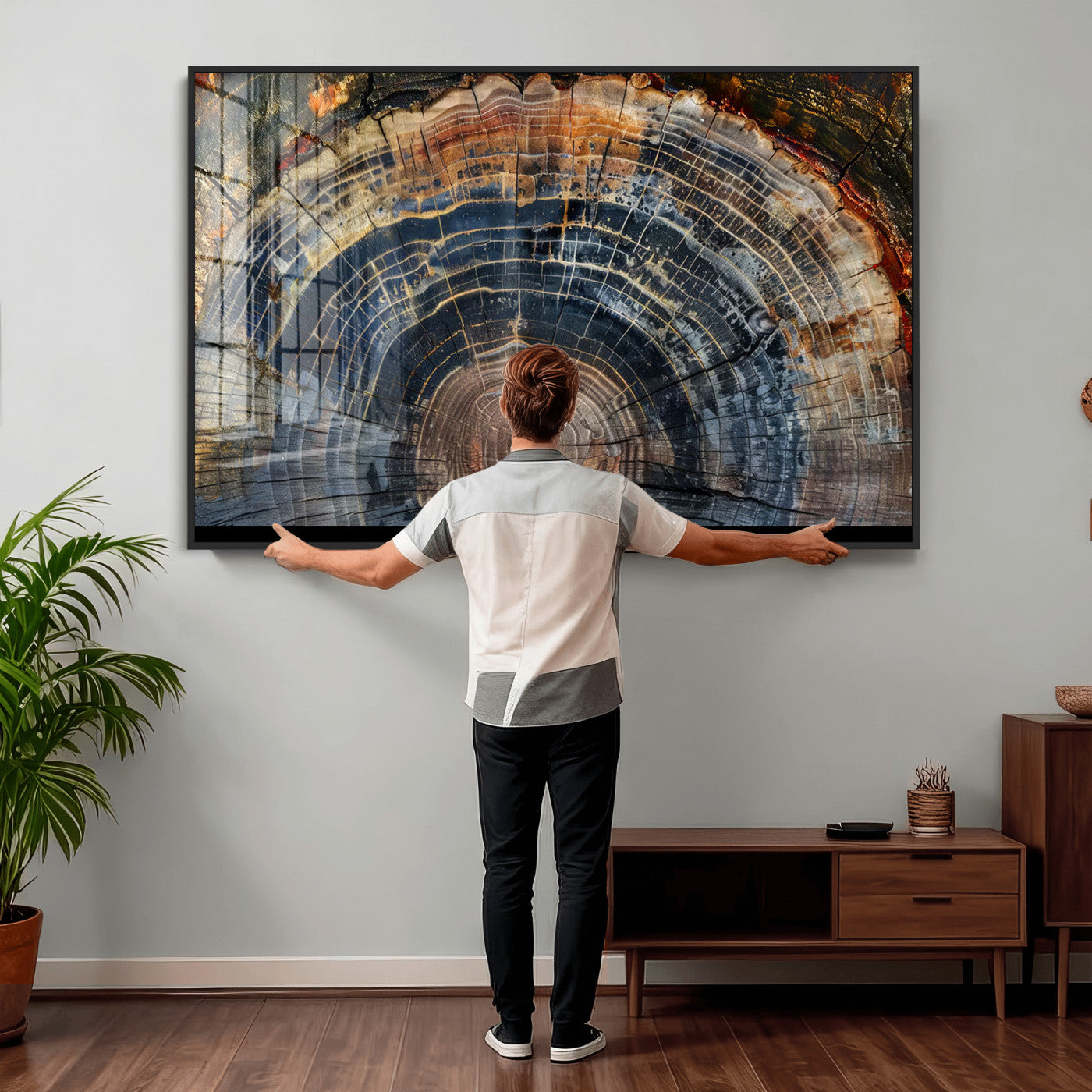 16193-MGV-CV-36X24 - Framed Wood Tree Ring Wall Art - Abstract Colorful Wood Ring Wall Decor for Minimalist Home Decor