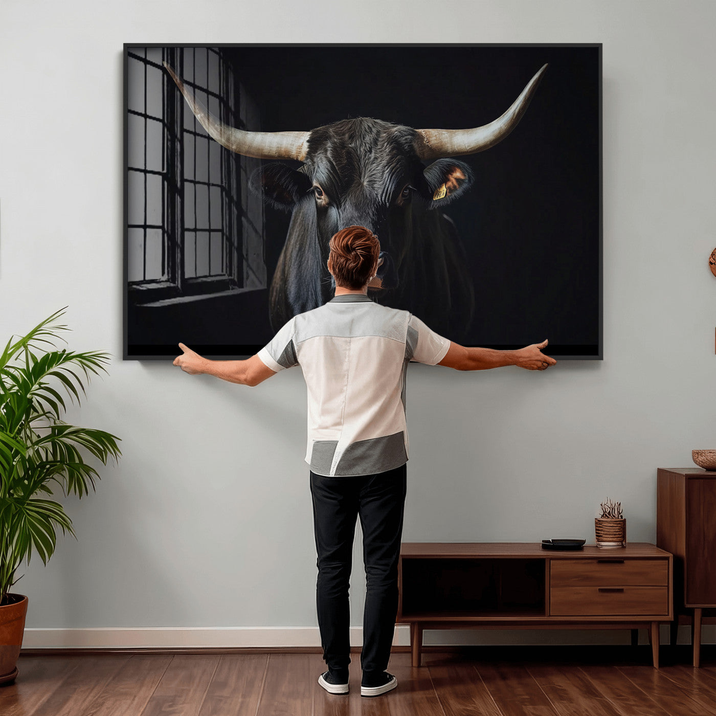 48065167-MGV-CV-36X24 - Texas Longhorn Bull Wall Art Canvas Print – Western Black Bull Art Print for Farmhouse Ranch Decor