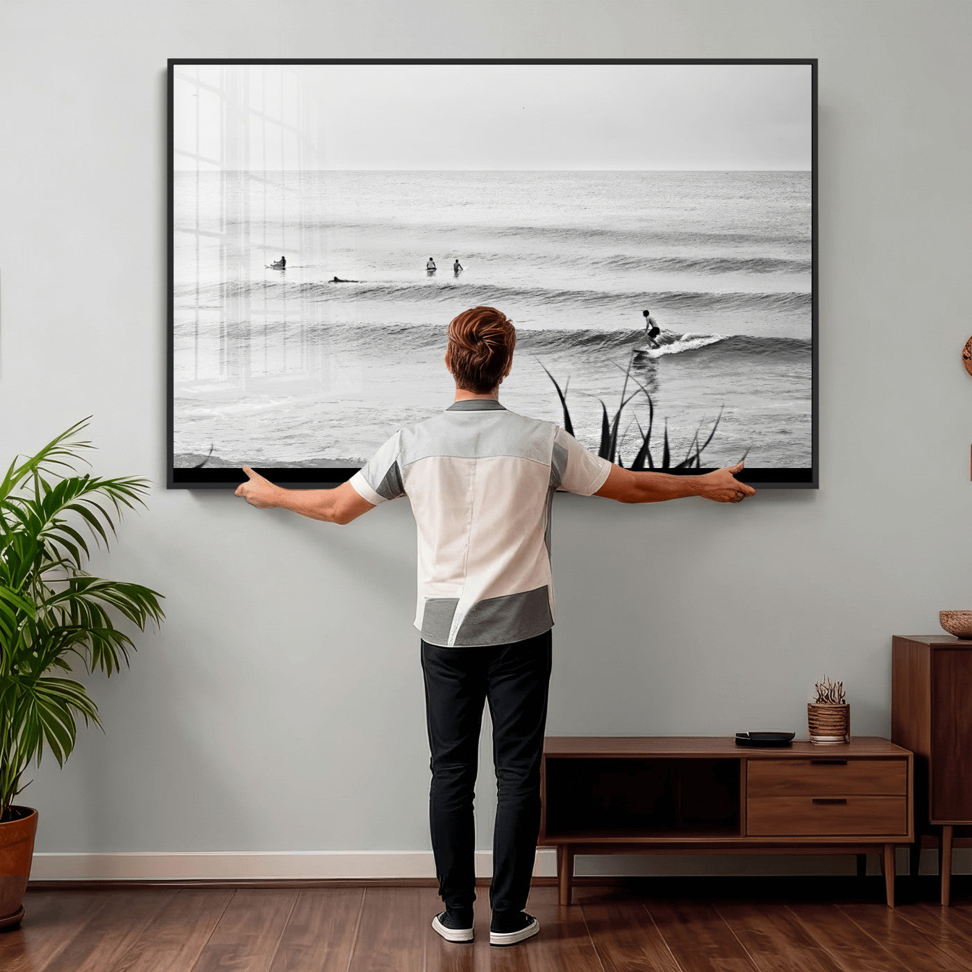 33821421-MGV-CV-36X24 - Surfer Silhouette Wall Art Canvas Print, Framed Calm Ocean Art Picture Print, Monochrome Surf Minimalist Coastal Decor Artwor