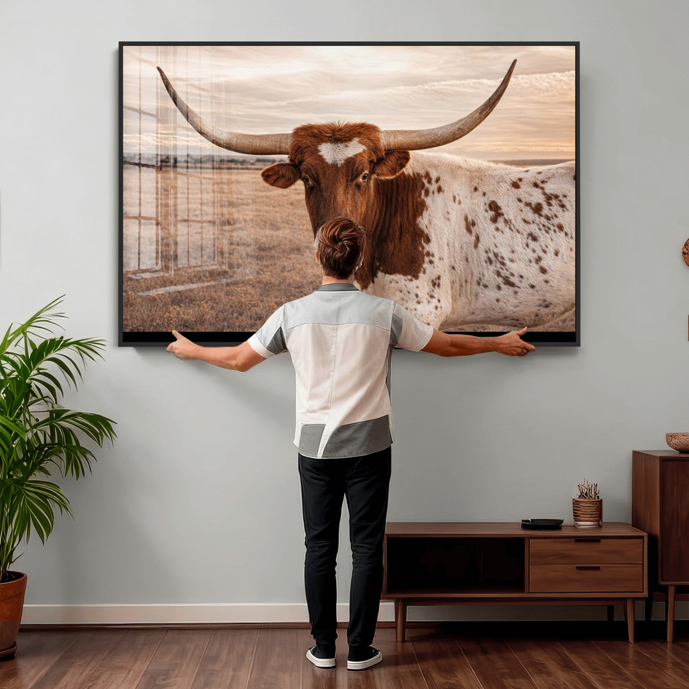 95745718-MGV-CV-36X24 - Longhorn Cow Wall Art – Texas Bull Canvas Print, Rustic Farm Cattle Photography, Western Animal Decor for Country Home, Living Room or Game Room