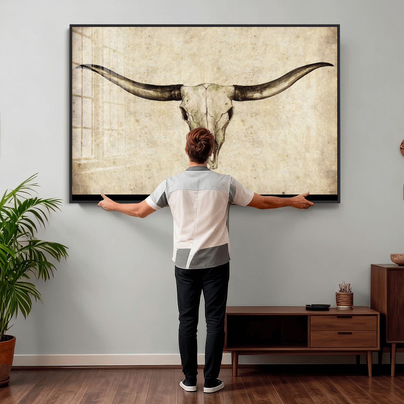 42788678-MGV-CV-36X24 - Longhorn Skull Wall Art Canvas Print – Rustic Western Artwork Print for Living Room Wall Decor