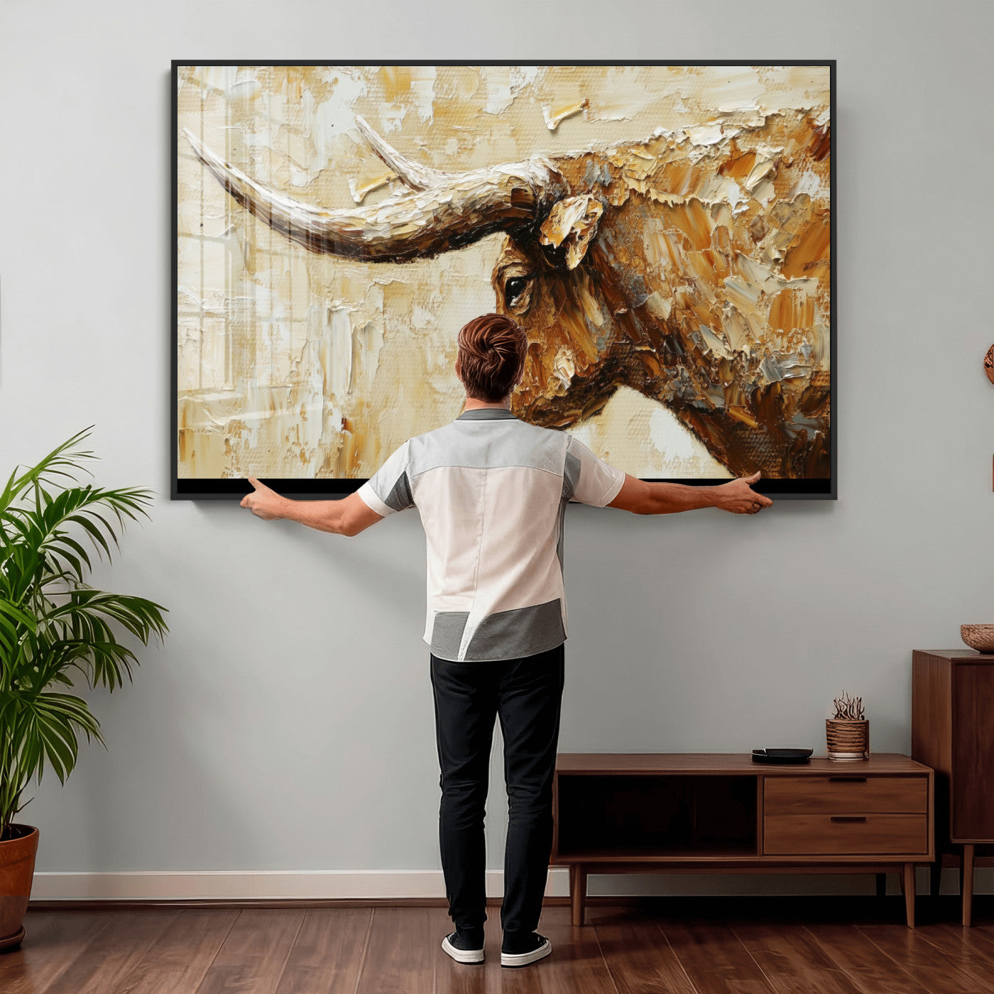 69611428-MGV-CV-36X24 - Rustic Longhorn Bull Wall Art Canvas Print – Vintage Western Cattle Painting, Texas Abstract Wall Cow Prints