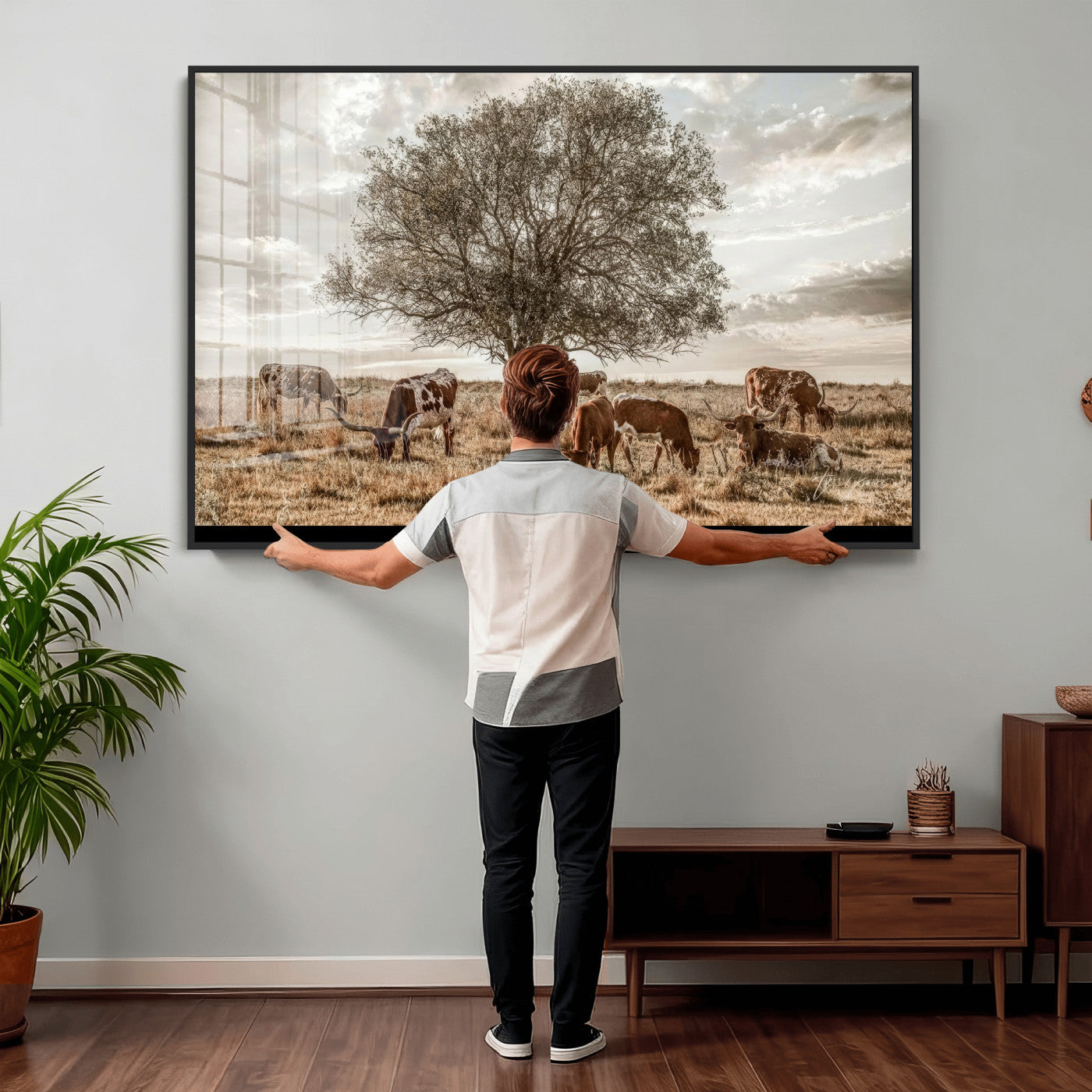87590224-MGV-CV-36X24 - Texas Longhorn Cattle Wall Art Canvas Print – Rustic Western Ranch Scene with Steers at Sunset, Perfect for Farmhouse or Cowboy Decor