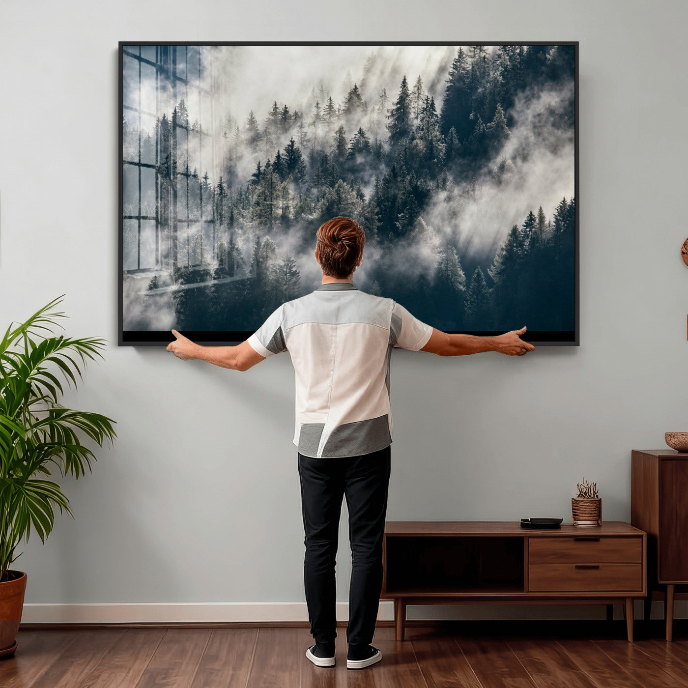 63405824-MGV-CV-36X24 - Foggy Mountain Forest Canvas Print, Misty Pine Trees Nature Wall Art, Framed Canvas Ready to Hang