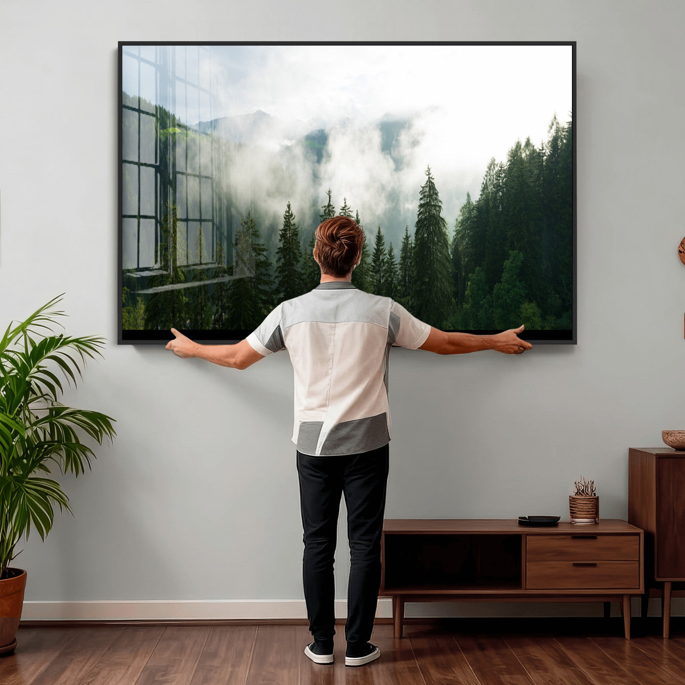 67174129-MGV-CV-36X24 - Misty Mountain Forest Canvas Print, Foggy Pine Trees Nature Wall Art, Framed Canvas Ready to Hang