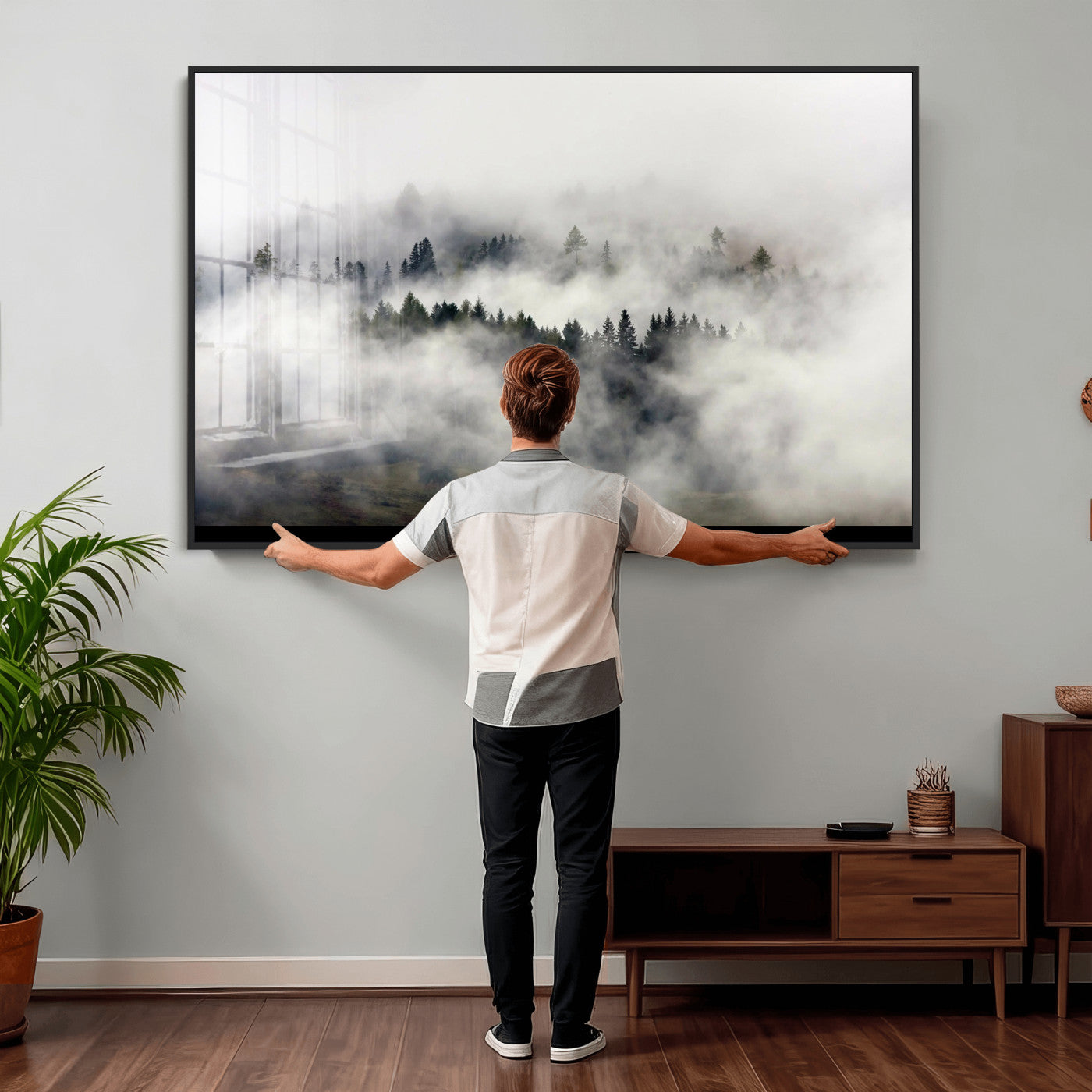 63235457-MGV-CV-36X24 - Foggy Forest Wall Art Canvas Print, Misty Pine Tree Landscape Wall Art Print, Framed Wall Art Ready to Hang