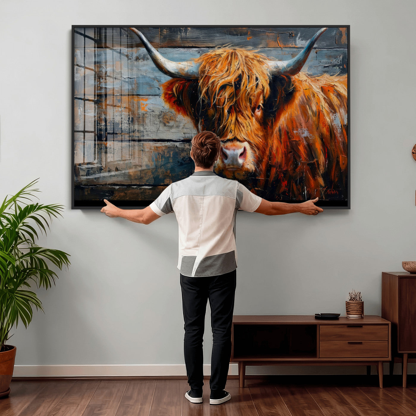 90271423-MGV-CV-36X24 - Highland Cow Wall Art Canvas Print, Abstract Rustic Farm Animal Wall Art Print, Framed Wall Art Ready to Hang
