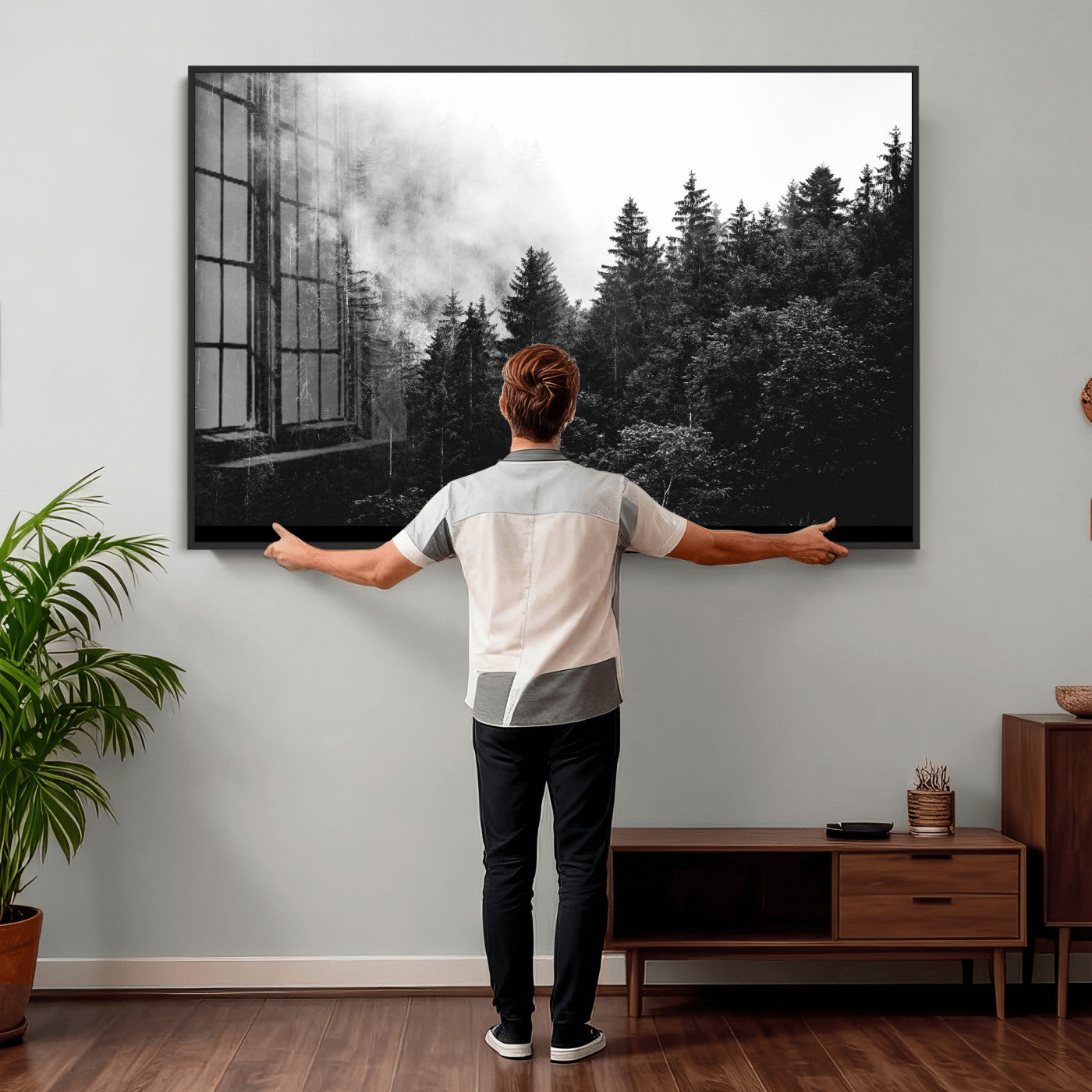 98764151-MGV-CV-36X24 - Black and White Forest Wall Art Canvas Print, Misty Pine Tree Landscape Photography, Framed Wall Art Ready to Hang