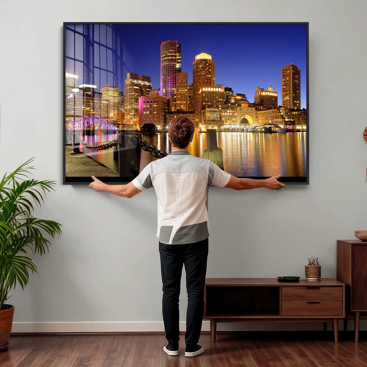56611117-MGV-CV-36X24 - Boston Wall Art Canvas Print, Boston City Downtown Night Cityscape Print for Modern Urban Wall Decor