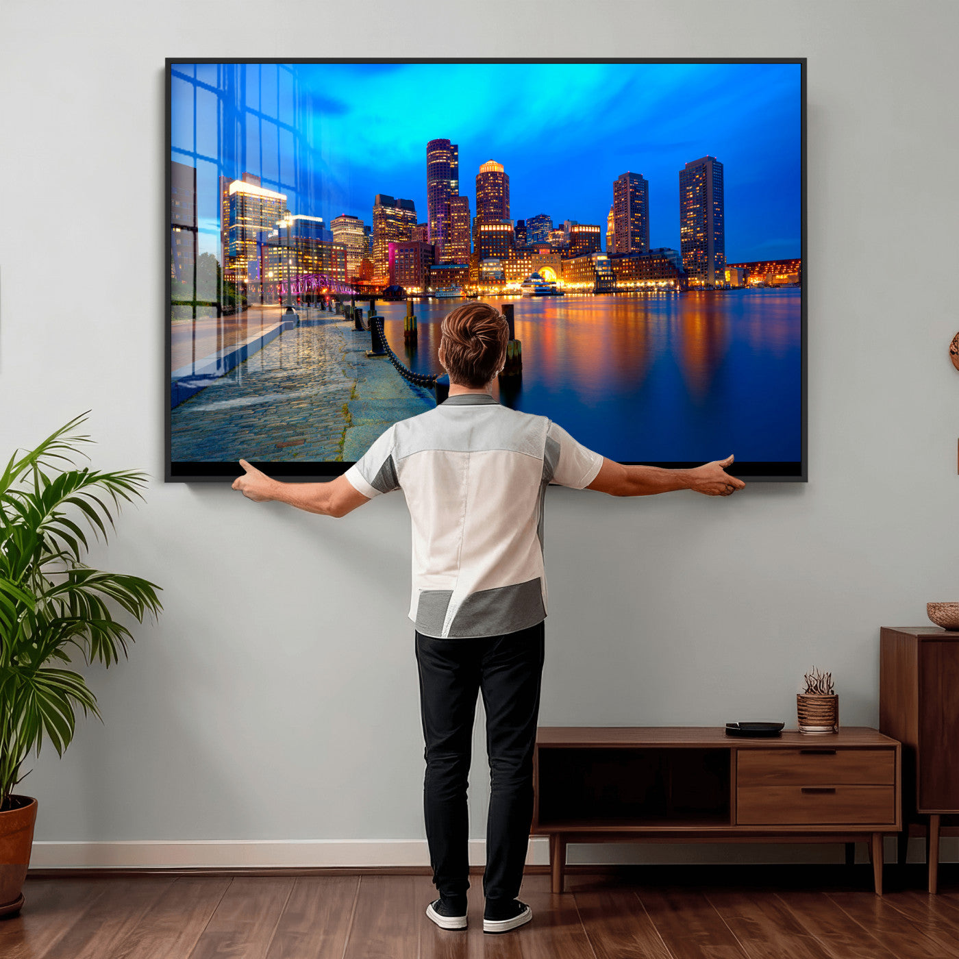 69619565-MGV-CV-36X24 - Boston Wall Art Canvas Print, Boston City Downtown Night Cityscape Print for Modern Urban Wall Decor