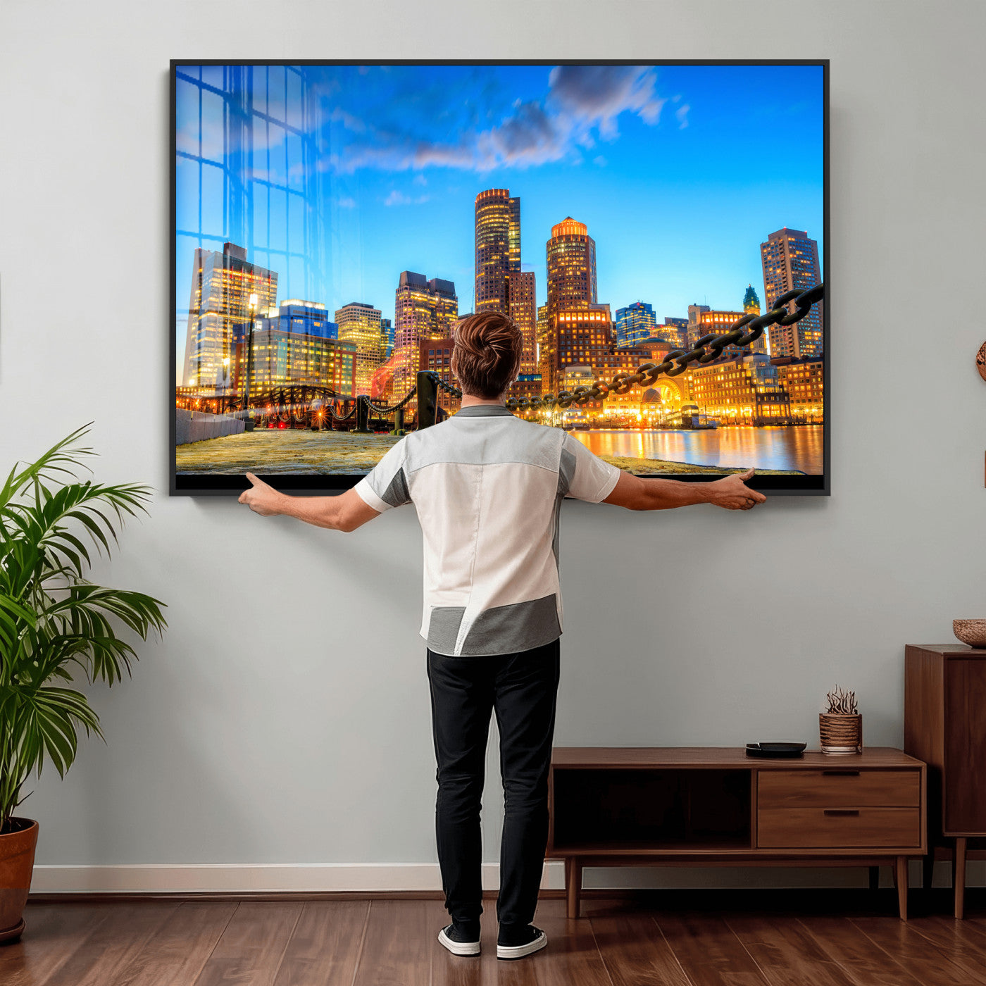 46736409-MGV-CV-36X24 - Boston Wall Art Canvas Print, Boston City Downtown Night Cityscape Print for Modern Urban Wall Decor