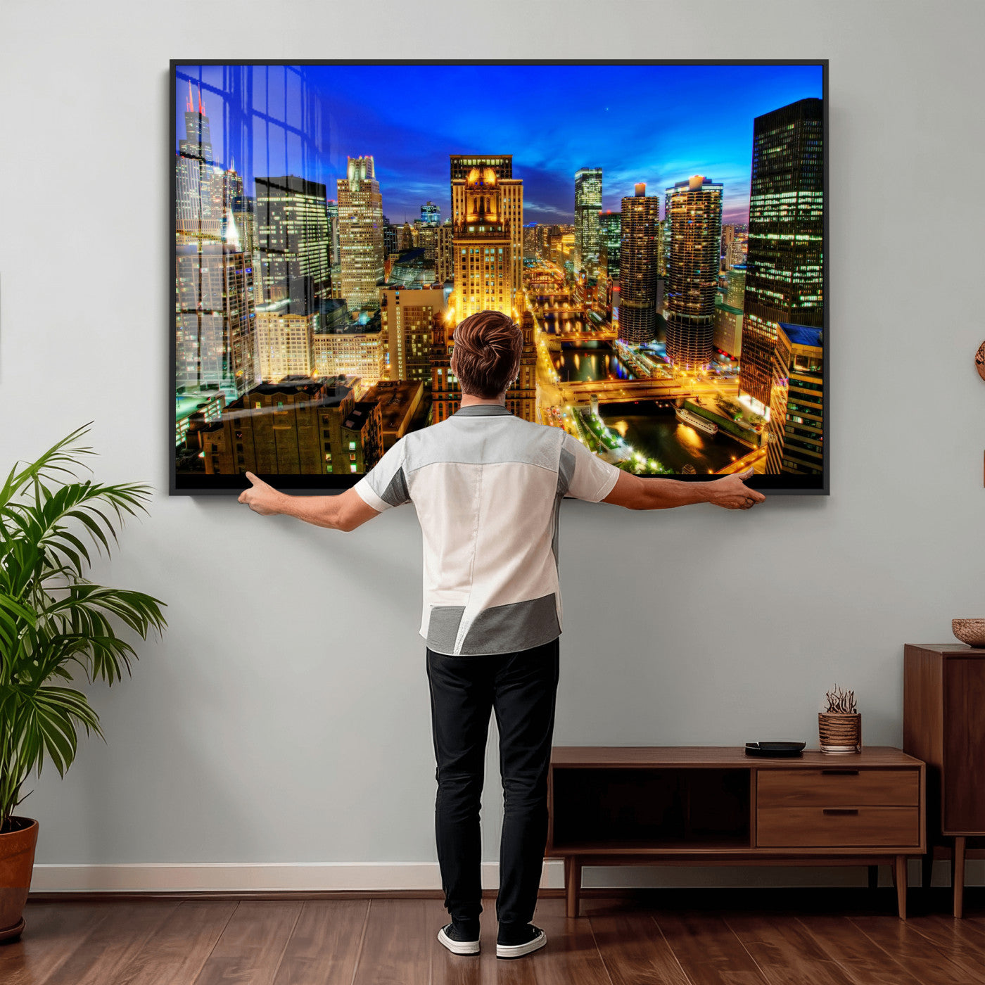 46298885-MGV-CV-36X24 - Chicago Wall Art Canvas Print, Chicago City Downtown Night Cityscape Print for Modern Urban Wall Decor