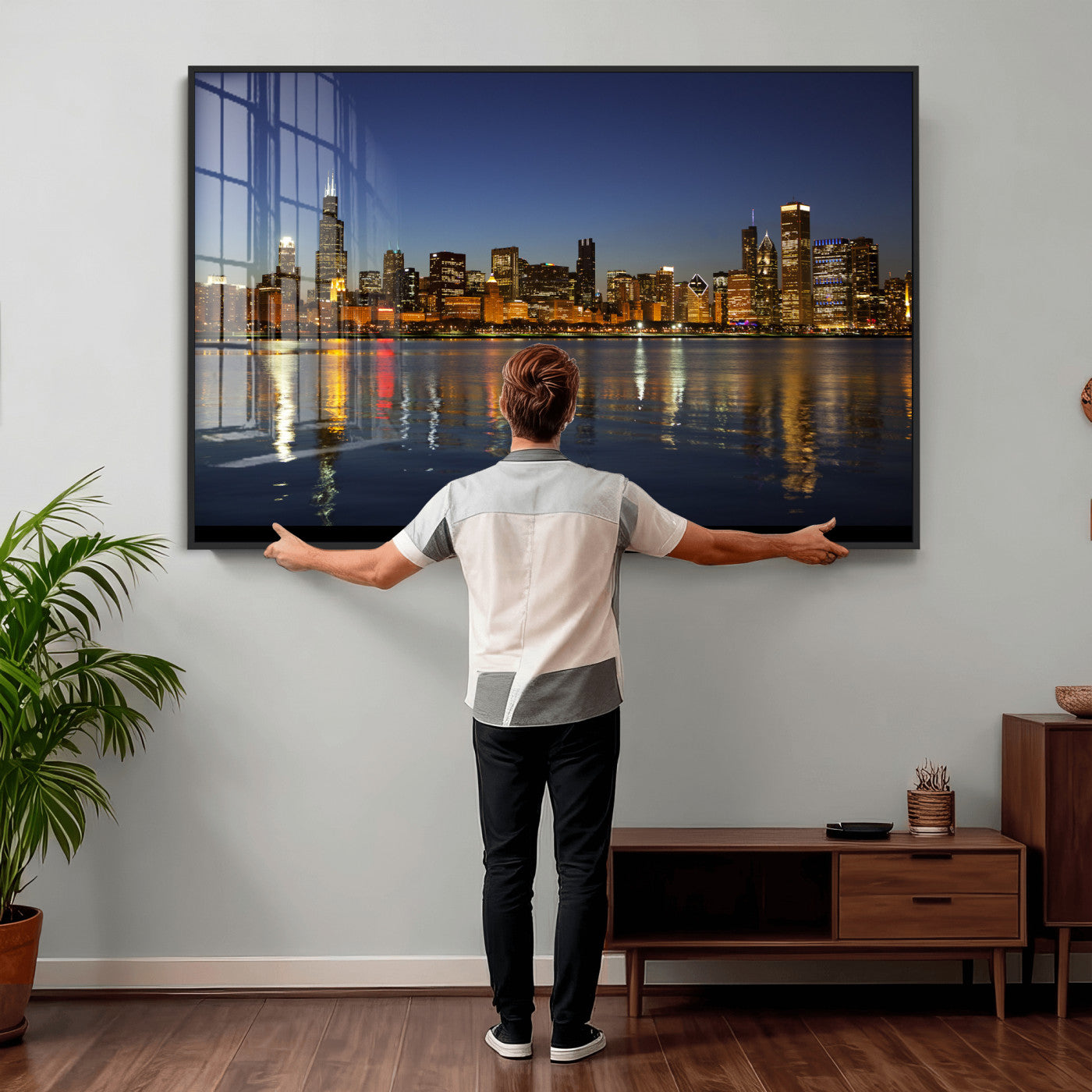 67308035-MGV-CV-36X24 - Chicago Wall Art Canvas Print, Chicago City Downtown Night Cityscape Print for Modern Urban Wall Decor