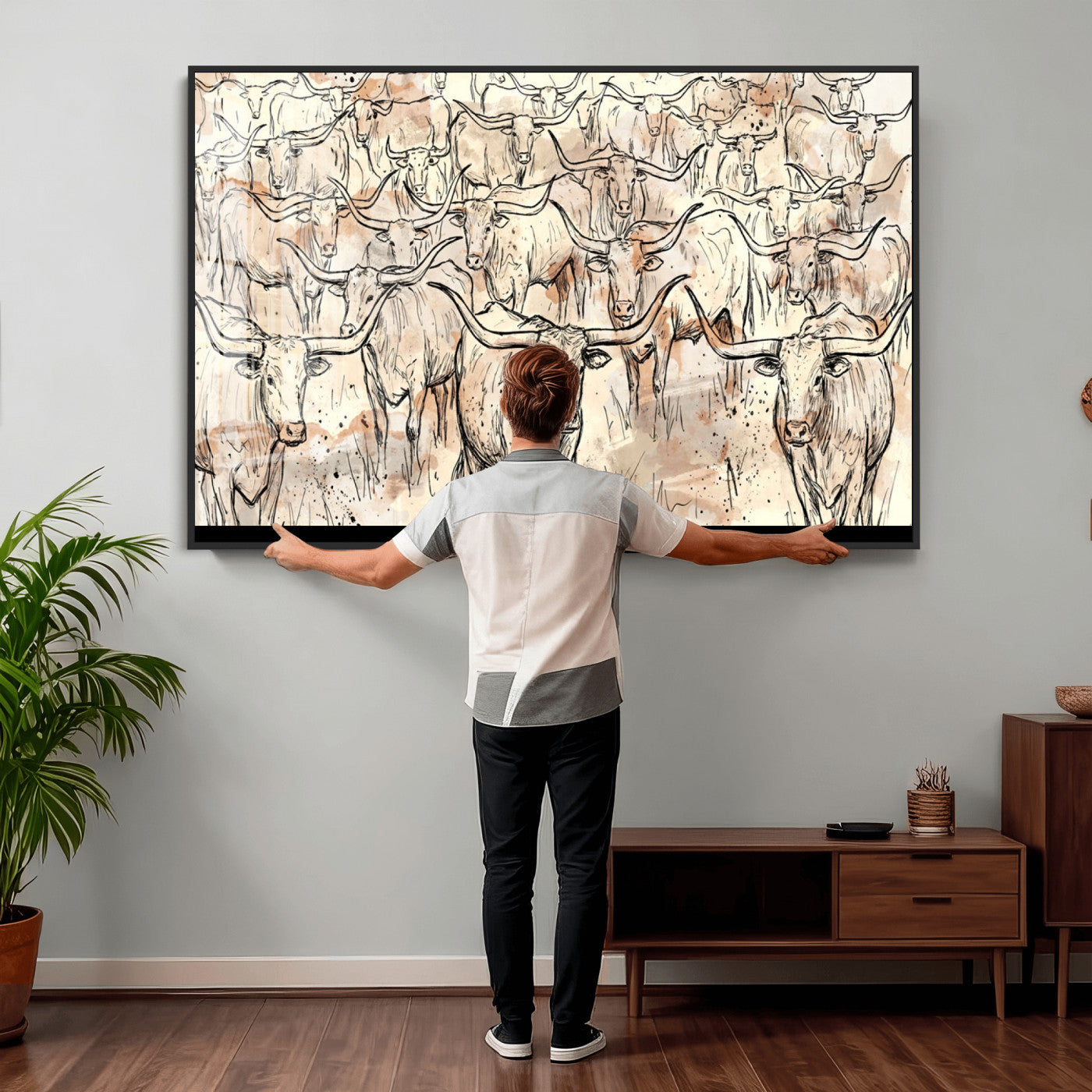 94055403-MGV-CV-36X24 - Farmhouse Animals Wall Art Canvas Print - Abstract Farm Animal Drawing Mid-Century Wall Art for Cabin Decor