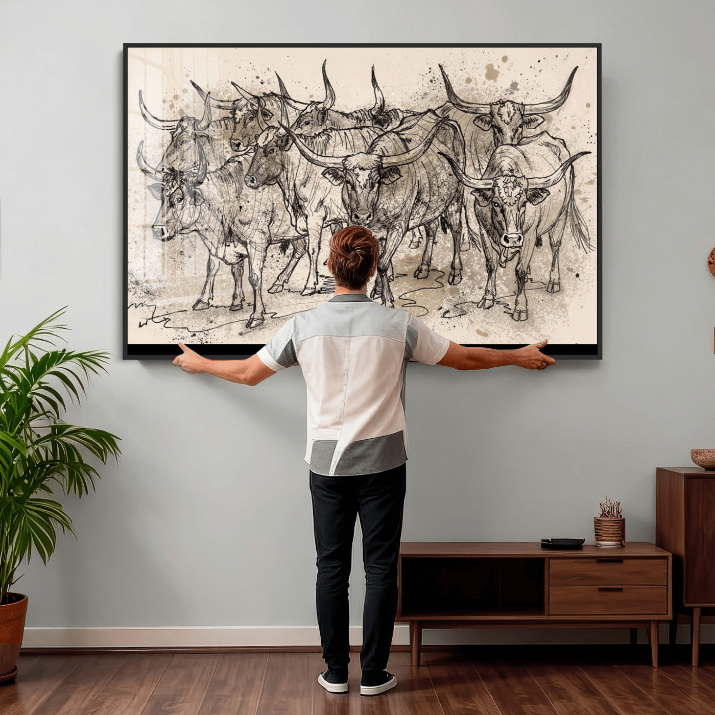 74232558-MGV-CV-36X24 - Farmhouse Animals Wall Art Canvas Print - Abstract Farm Animal Drawing Mid-Century Wall Art for Cabin Decor