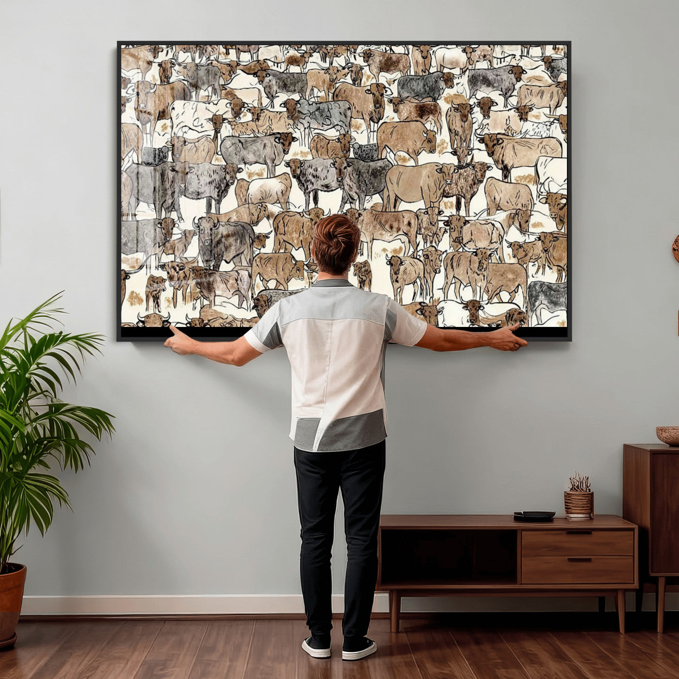 76902119-MGV-CV-36X24 - Farmhouse Animals Wall Art Canvas Print - Abstract Farm Animal Drawing Mid-Century Wall Art for Cabin Decor