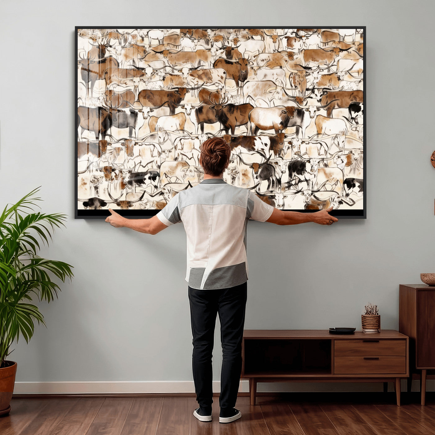 81416572-MGV-CV-36X24 - Farmhouse Animals Wall Art Canvas Print - Abstract Farm Animal Drawing Mid-Century Wall Art for Cabin Decor