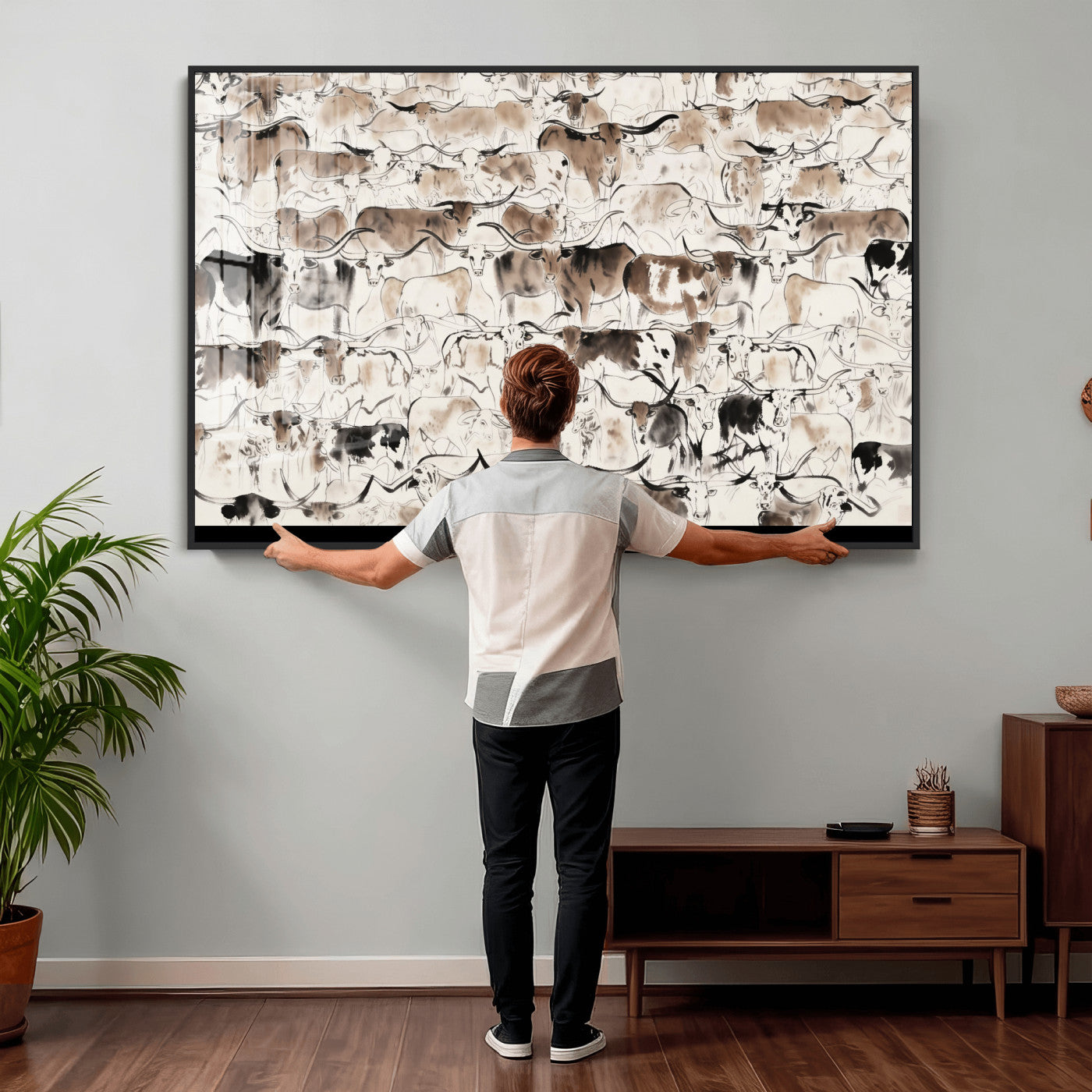 66685375-MGV-CV-36X24 - Farmhouse Animals Wall Art Canvas Print - Abstract Farm Animal Drawing Mid-Century Wall Art for Cabin Decor