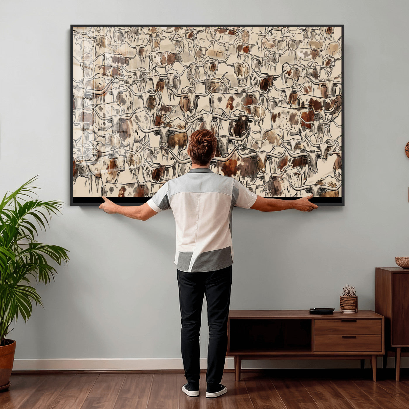 94808502-MGV-CV-36X24 - Farmhouse Animals Wall Art Canvas Print - Abstract Farm Animal Drawing Mid-Century Wall Art for Cabin Decor