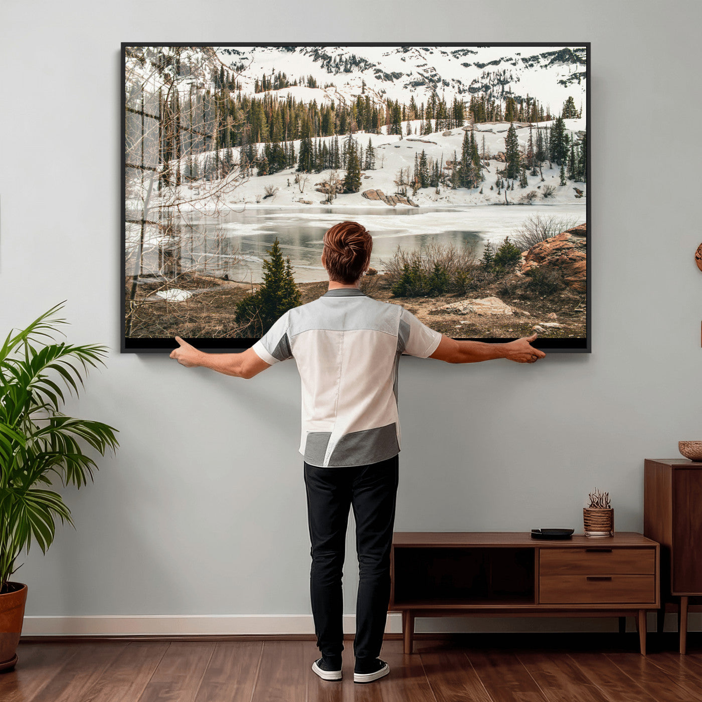 10336249-MGV-CV-36X24 - Snowy Mountain Landscape Wall Art Canvas Print, Alpine Pine Forest Winter Nature Wall Decor for Living Room and Office