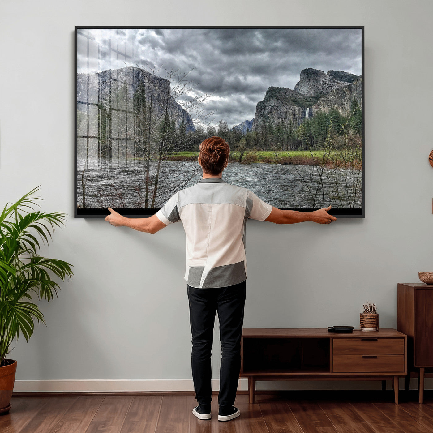 75582552-MGV-CV-36X24 - Yosemite Valley River Landscape Wall Art Canvas Print, Granite Cliffs Forest River Canvas Print, California National Park Moody Scenic Art Printi