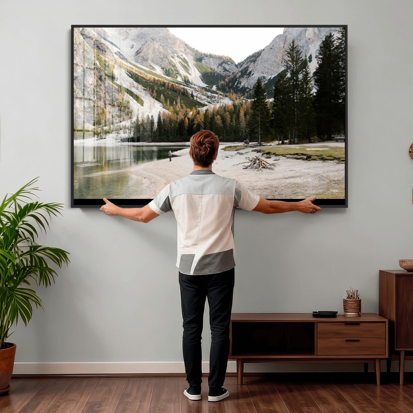 89246758-MGV-CV-36X24 - Lake Braies Alpine Landscape Wall Art Canvas Print, Dolomites Mountain Lake Forest Canvas Print, Italian Alps Scenic Nature Art Printing