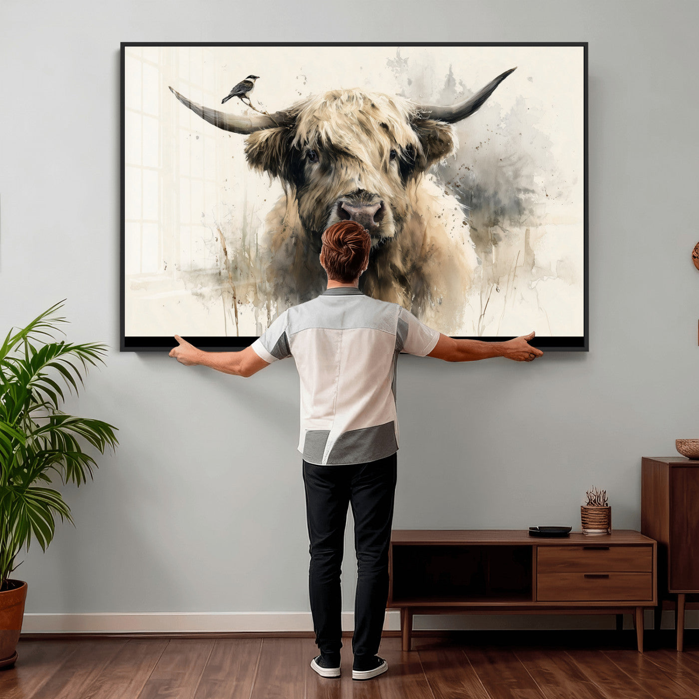 98249290-MGV-CV-36X24 - Abstract Highland Cow Watercolor Animal Wall Art Canvas Print, Rustic Farm Cattle Portrait Canvas Print, Neutral Wildlife Farmhouse Art Printing