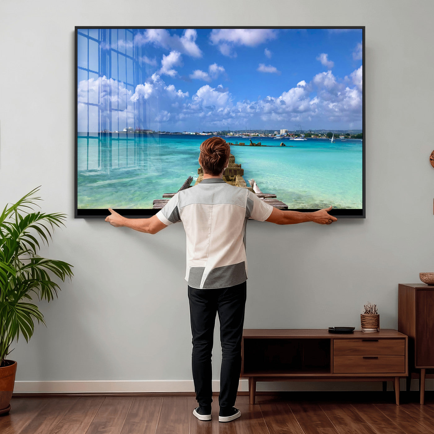 43165024-MGV-CV-36X24 - Caribbean Ocean Pier Seascape Wall Art Canvas Print, Turquoise Sea Tropical Harbor Canvas Print, Island Coastal Blue Water Scenic Art Printing