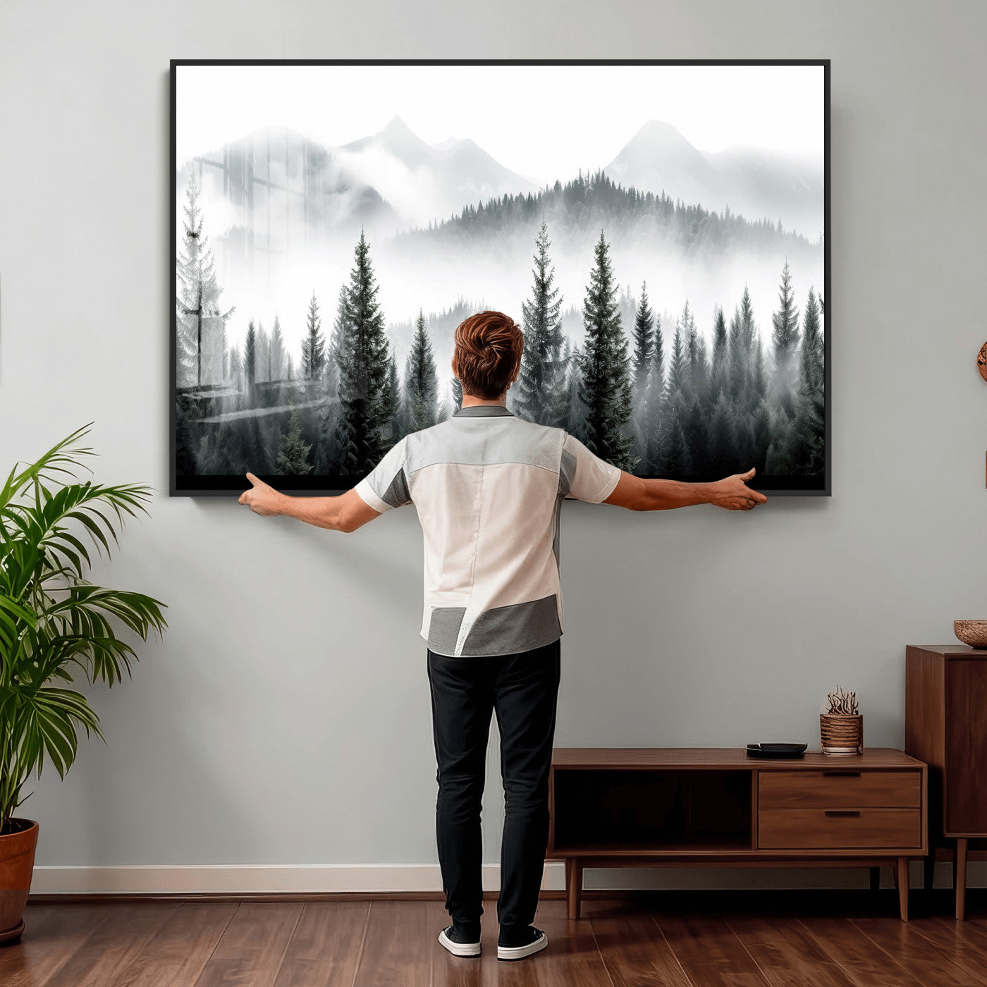38819032-MGV-CV-36X24 - Misty Pine Forest Mountain Landscape Wall Art Canvas Print, Foggy Evergreen Trees Minimal Nature Canvas Print, Monochrome Wilderness Scenic Art Printing
