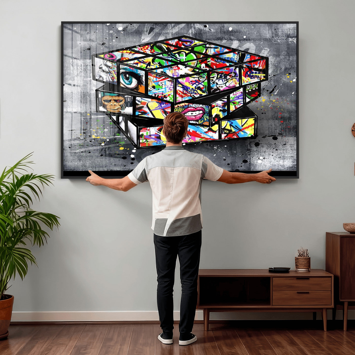 46789556-MGV-CV-36X24 - Graffiti Cube Abstract Street Art Wall Art Canvas Print, Colorful Urban Pop Art Geometric Canvas Print, Modern Street Art Contemporary Art Printing