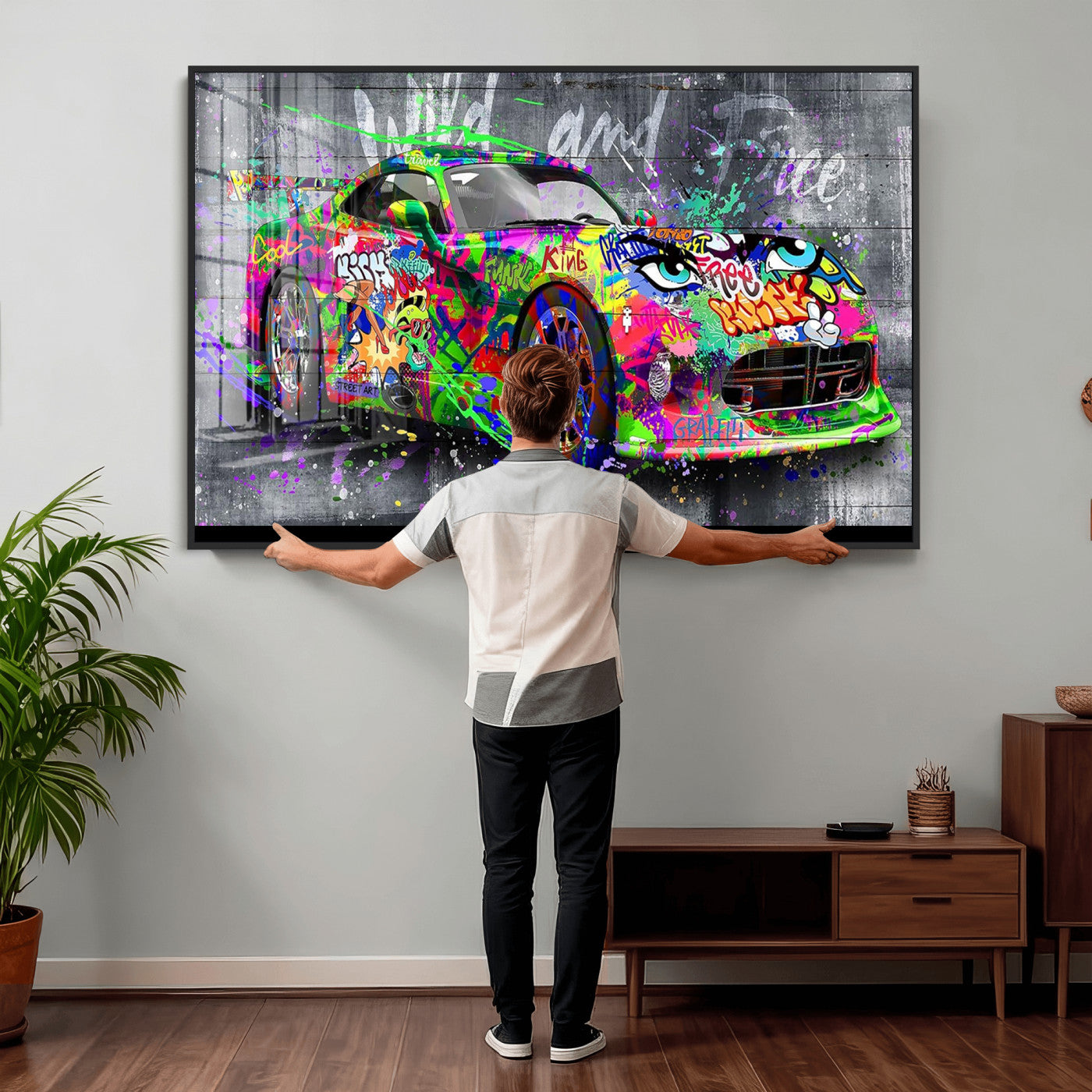 95314968-MGV-CV-36X24 - Graffiti Sports Car Street Art Wall Art Canvas Print, Colorful Urban Supercar Pop Art Canvas Print, Modern Graffiti Car Contemporary Art Printing