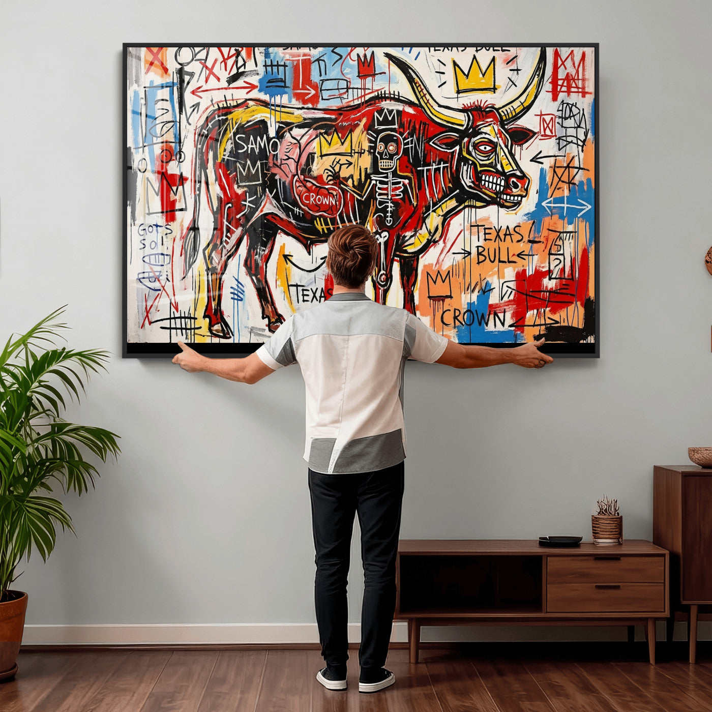 89504579-MGV-CV-36X24 - TITLE: Texas Bull Wall Art Canvas Print, Abstract Graffiti Bull Painting, Western Animal Art, Modern Ranch Decor