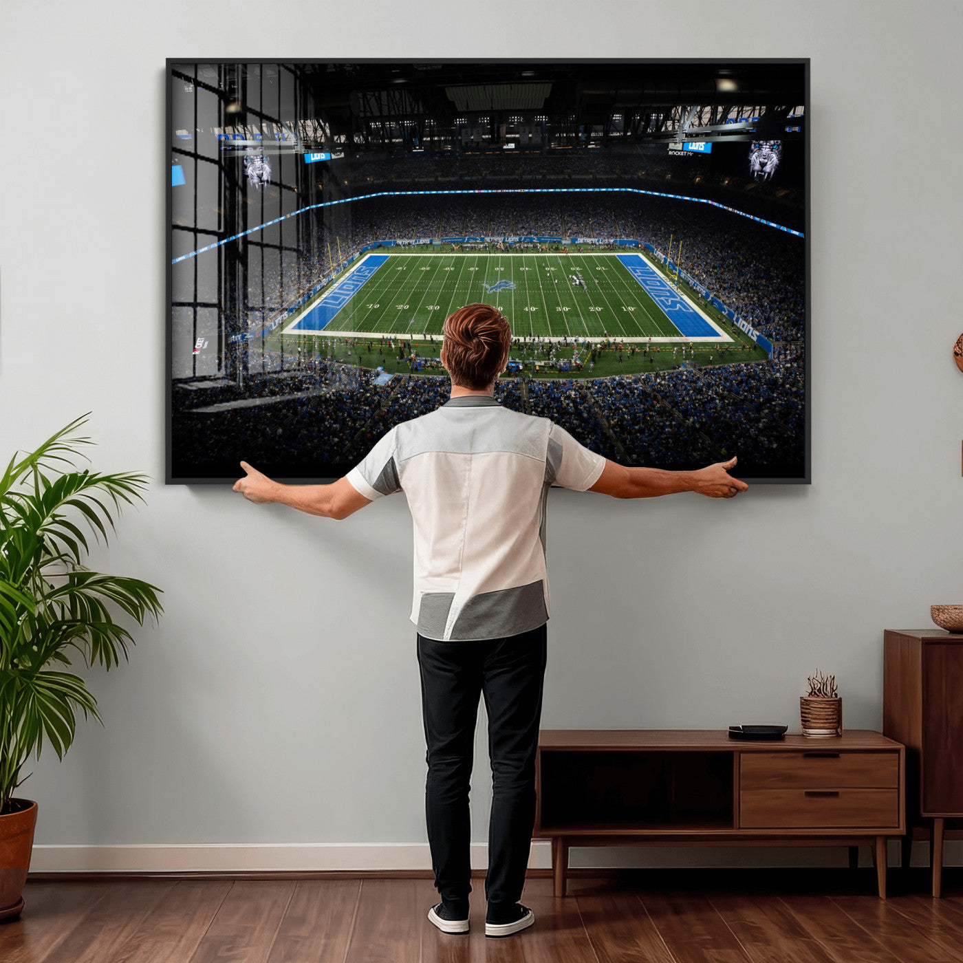 16709602-MGV-CV-36X24 - Detroit Lions Stadium Wall Art Canvas Print, Football Field Panorama Artwork, NFL Game Night Stadium Decor