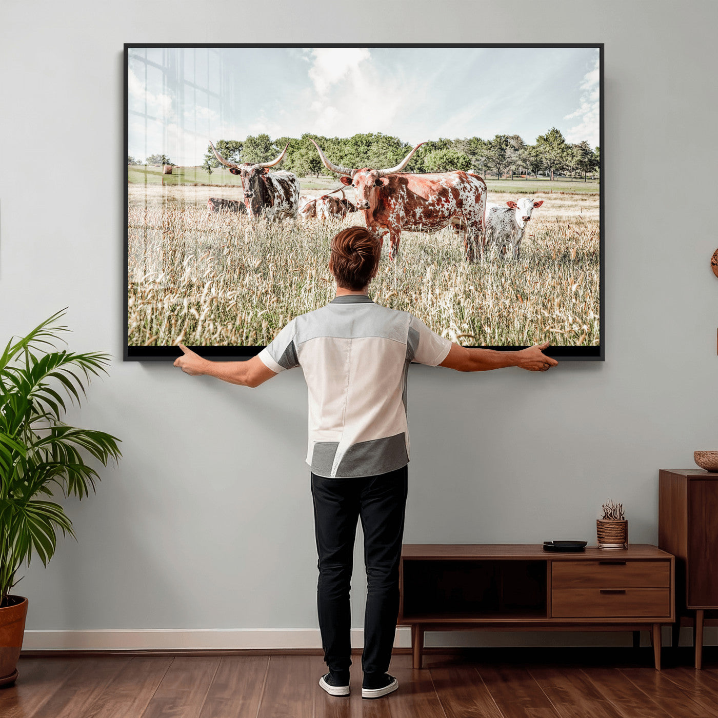 21823552-MGV-CV-36X24 - Texas Longhorn Cattle Wall Art Canvas Print, Rustic Ranch Landscape Artwork, Western Farm Field Scene, Country Prairie Animal Canvas Wall Art