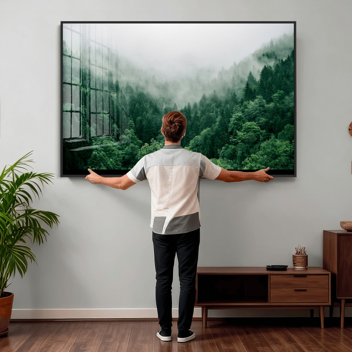 61640815-MGV-CV-36X24 - Misty Pine Forest Wall Art Canvas Print, Foggy Evergreen Landscape Wall Decor, Moody Green Nature Artwork, Minimal Forest Canvas Wall Art, Framed Canvas Wall Art Ready to Hang