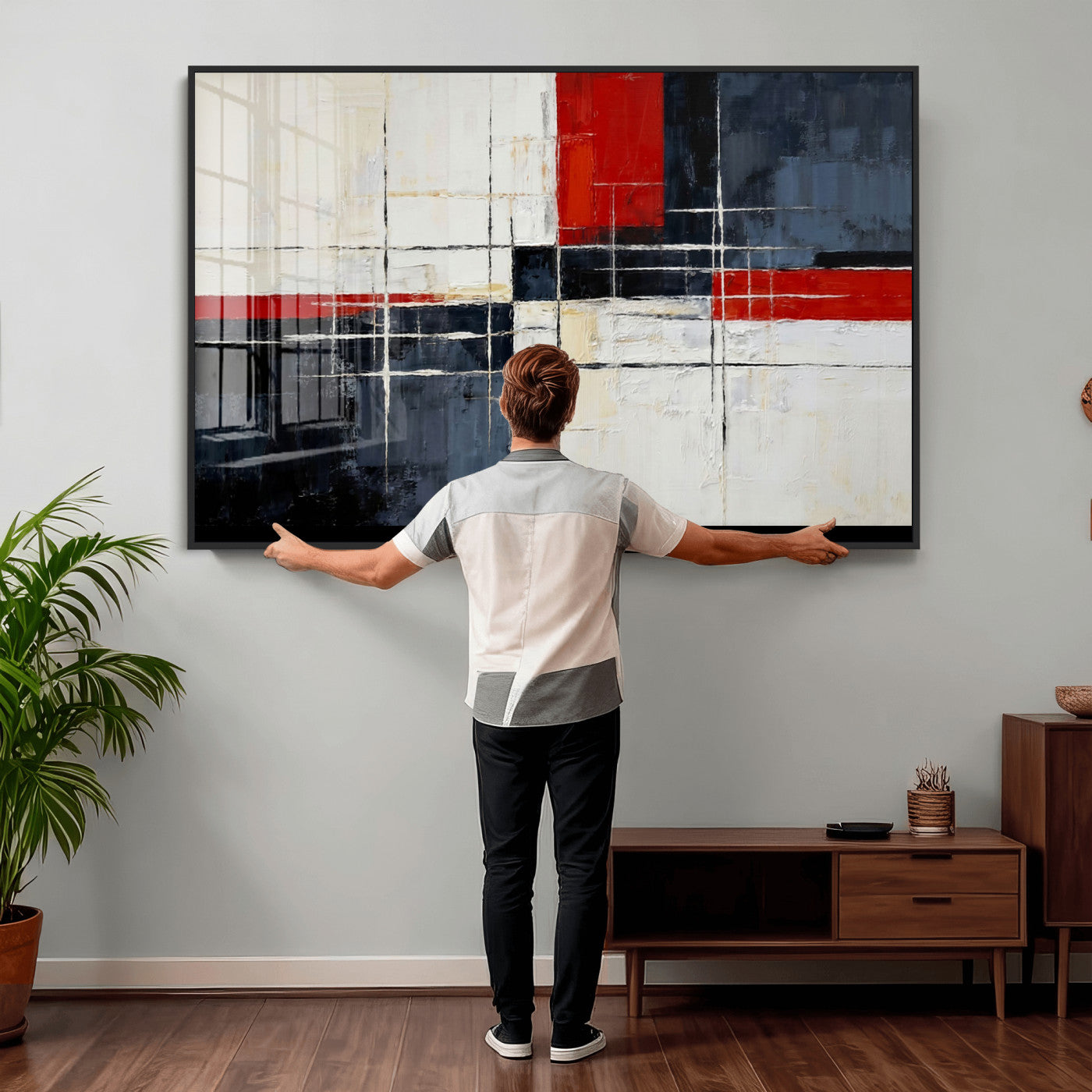 44088165-MGV-CV-36X24 - Navy Red Abstract Wall Art Canvas Print, Modern Luxury Geometric Painting Wall Decor for Living Room and Office