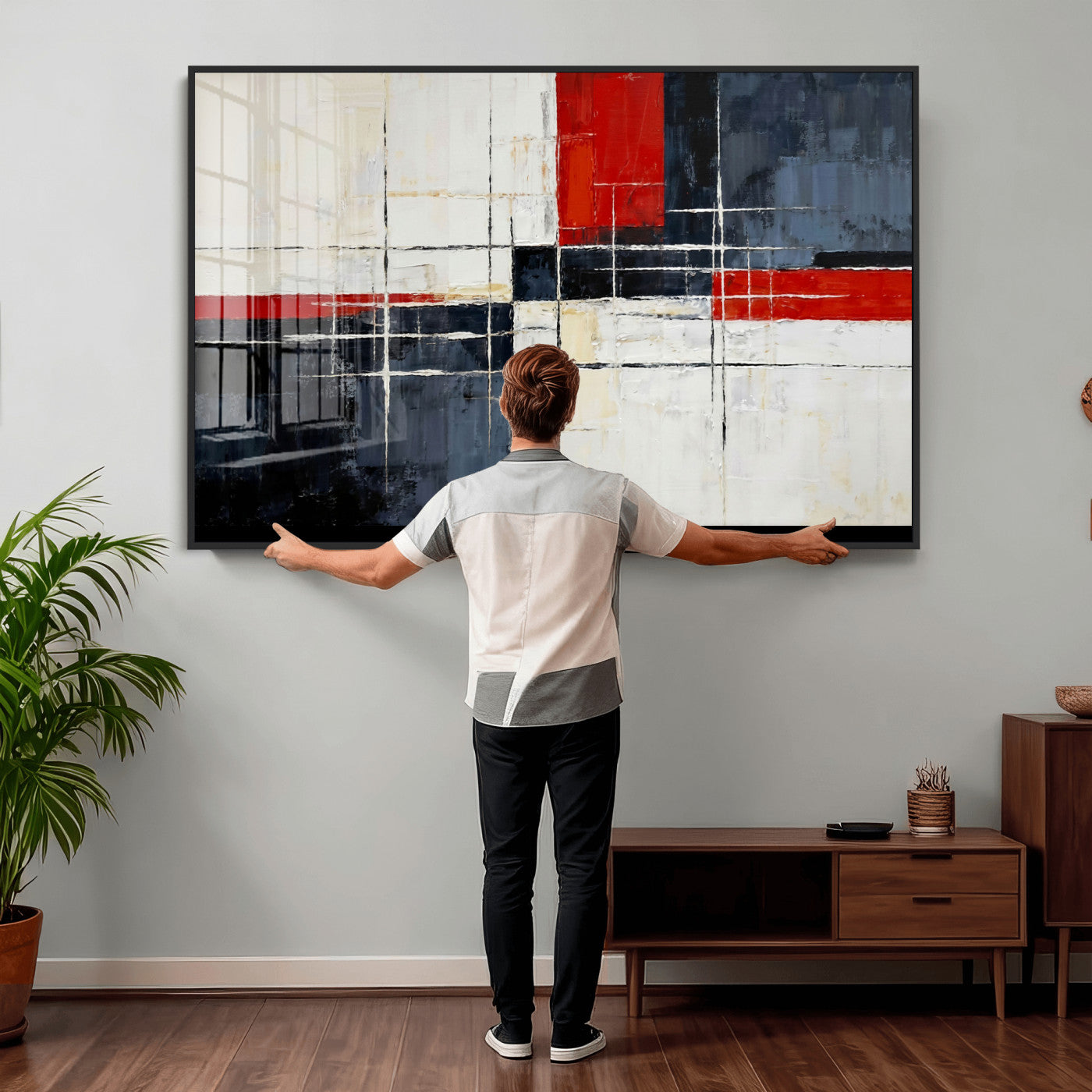 11921181-MGV-CV-36X24 - Navy Red Abstract Wall Art Canvas Print, Modern Luxury Geometric Painting Wall Decor for Living Room and Office