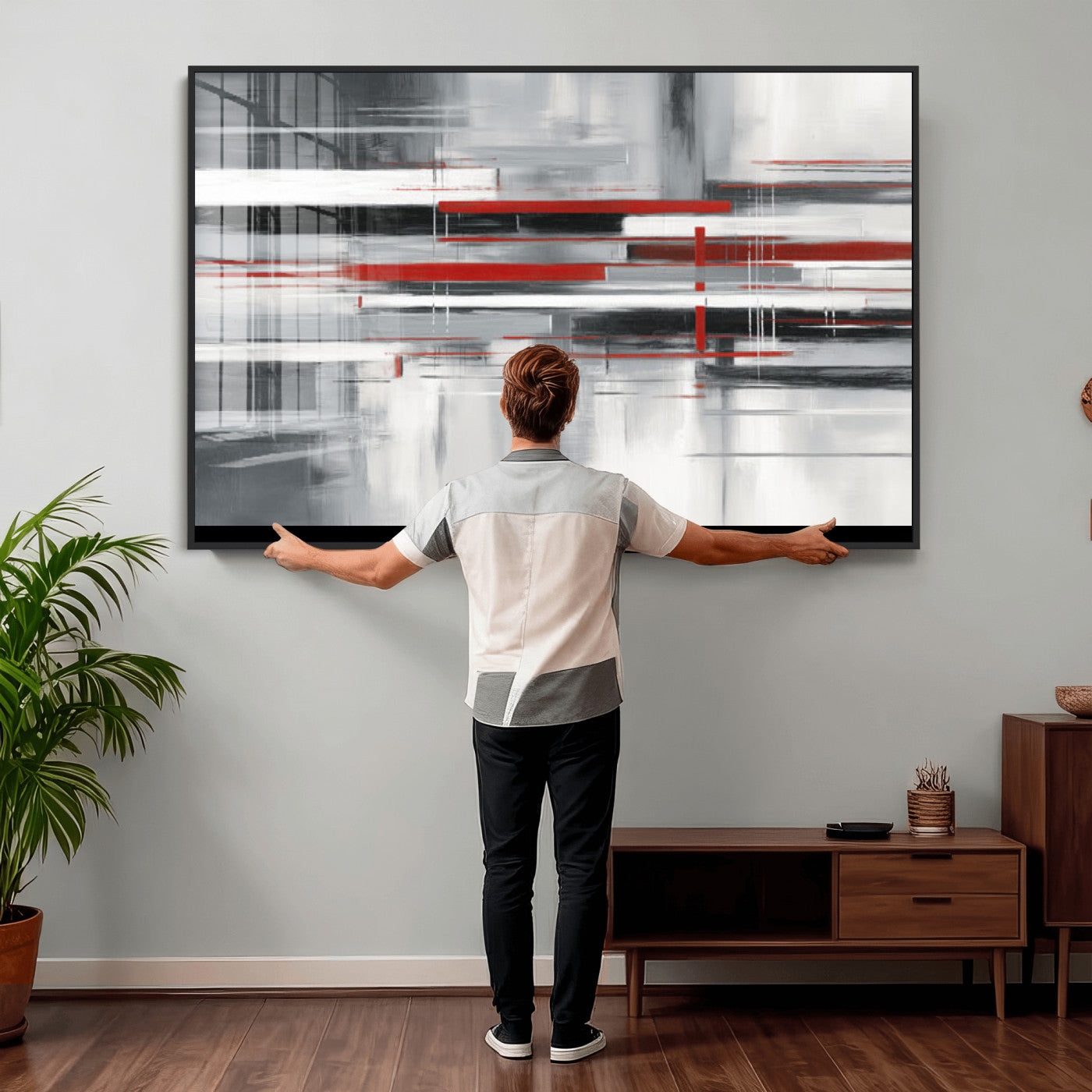 62640681-MGV-CV-36X24 - Gray Red Abstract Wall Art Canvas Print, Modern Abstract Canvas Wall Decor for Contemporary Living Room and Office