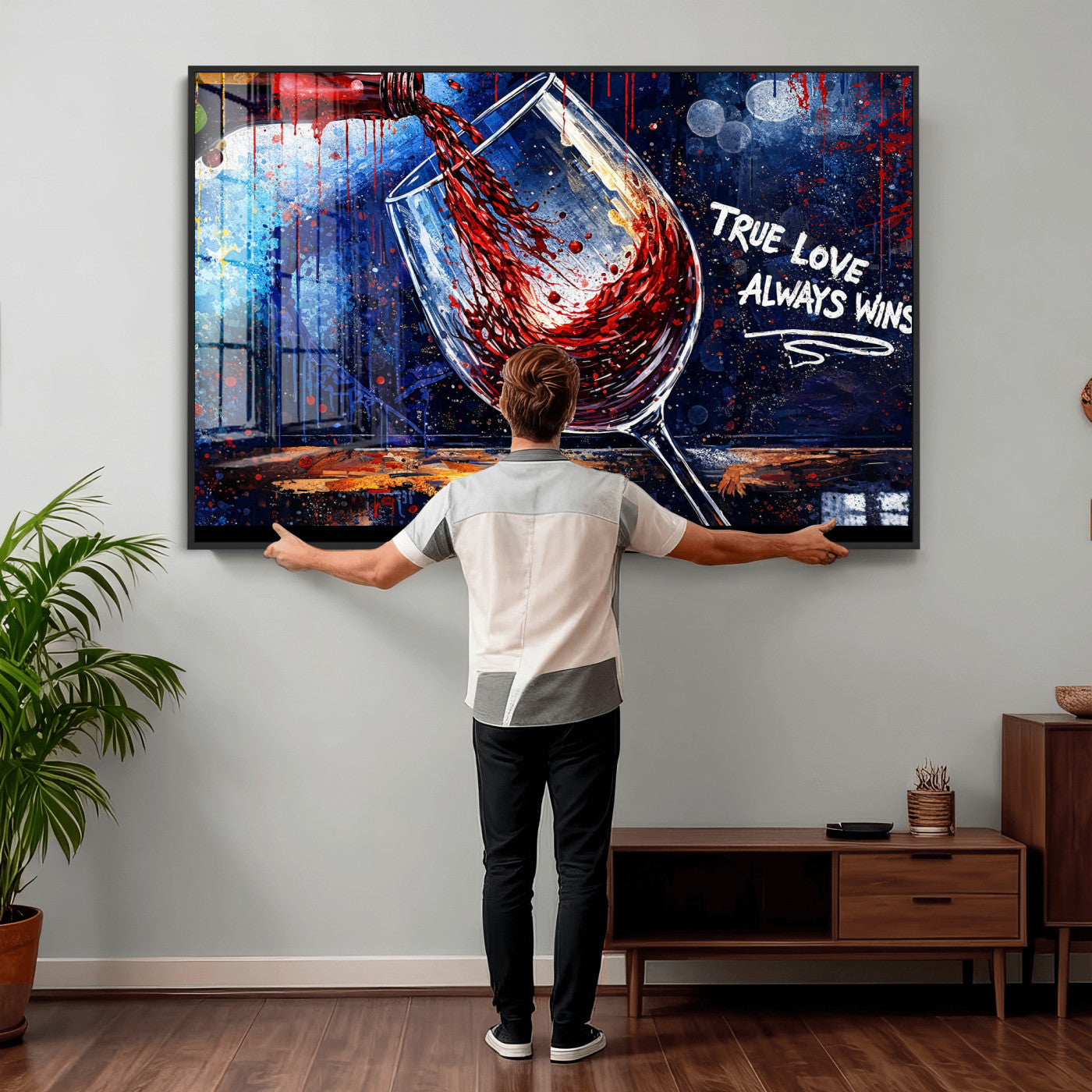 88788932-MGV-CV-36X24 - Red Wine Splash Abstract Wall Art Canvas Print, Modern Wine Glass Painting Canvas Print, Romantic Quote Contemporary Bar Art Print