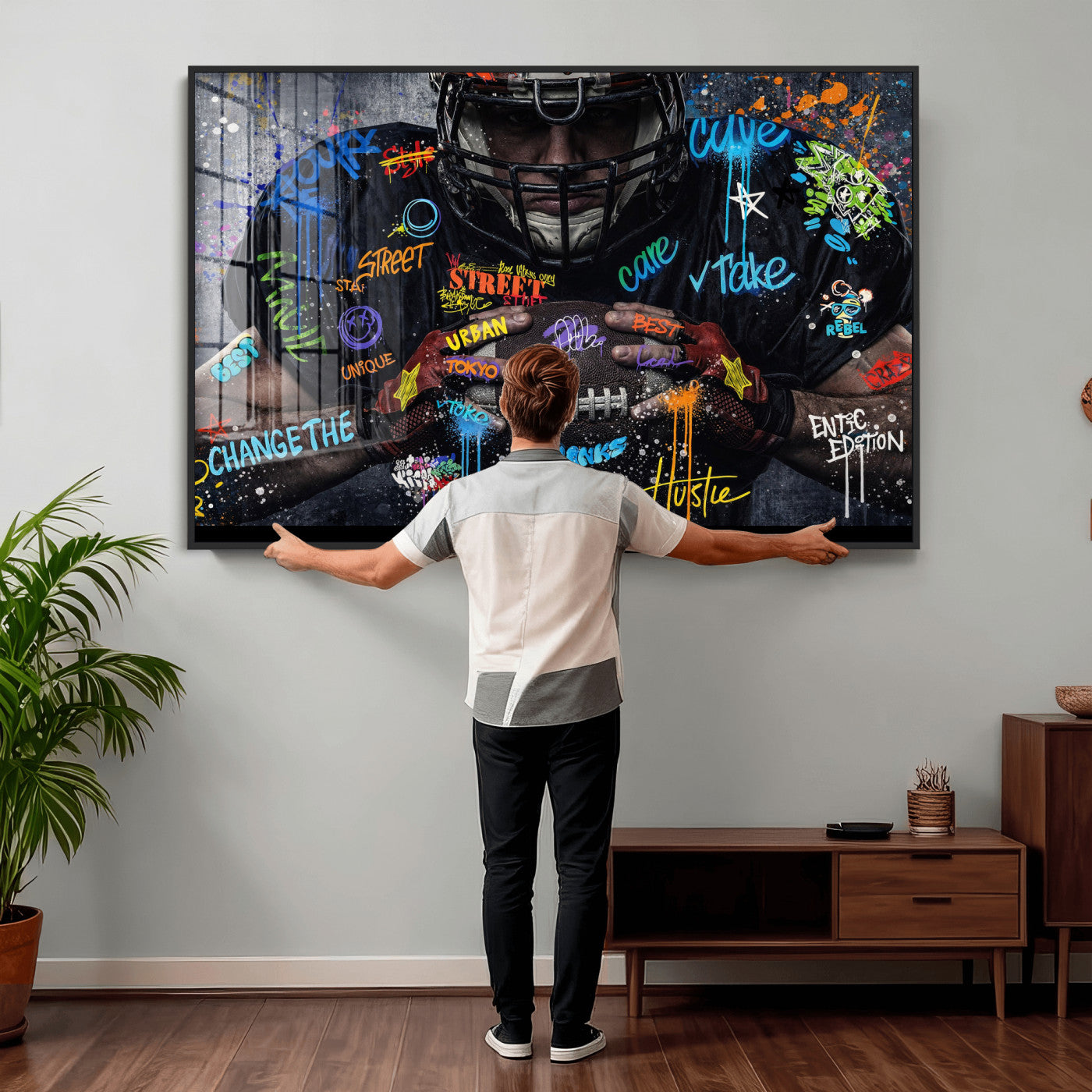 55267256-MGV-CV-36X24 - Graffiti American Football Player Street Art Wall Art Canvas Print, Urban Sports Pop Art Football Canvas Print, Modern Athletic Graffiti Contemporary Art Printing